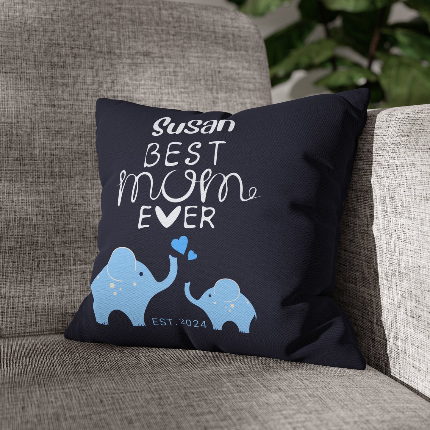 Personalized Best Mom Ever Gift Pillowcase, Gift for Mom, Elephants Blue Pillow Cover 14" × 14" - HolidayShoppingFinds