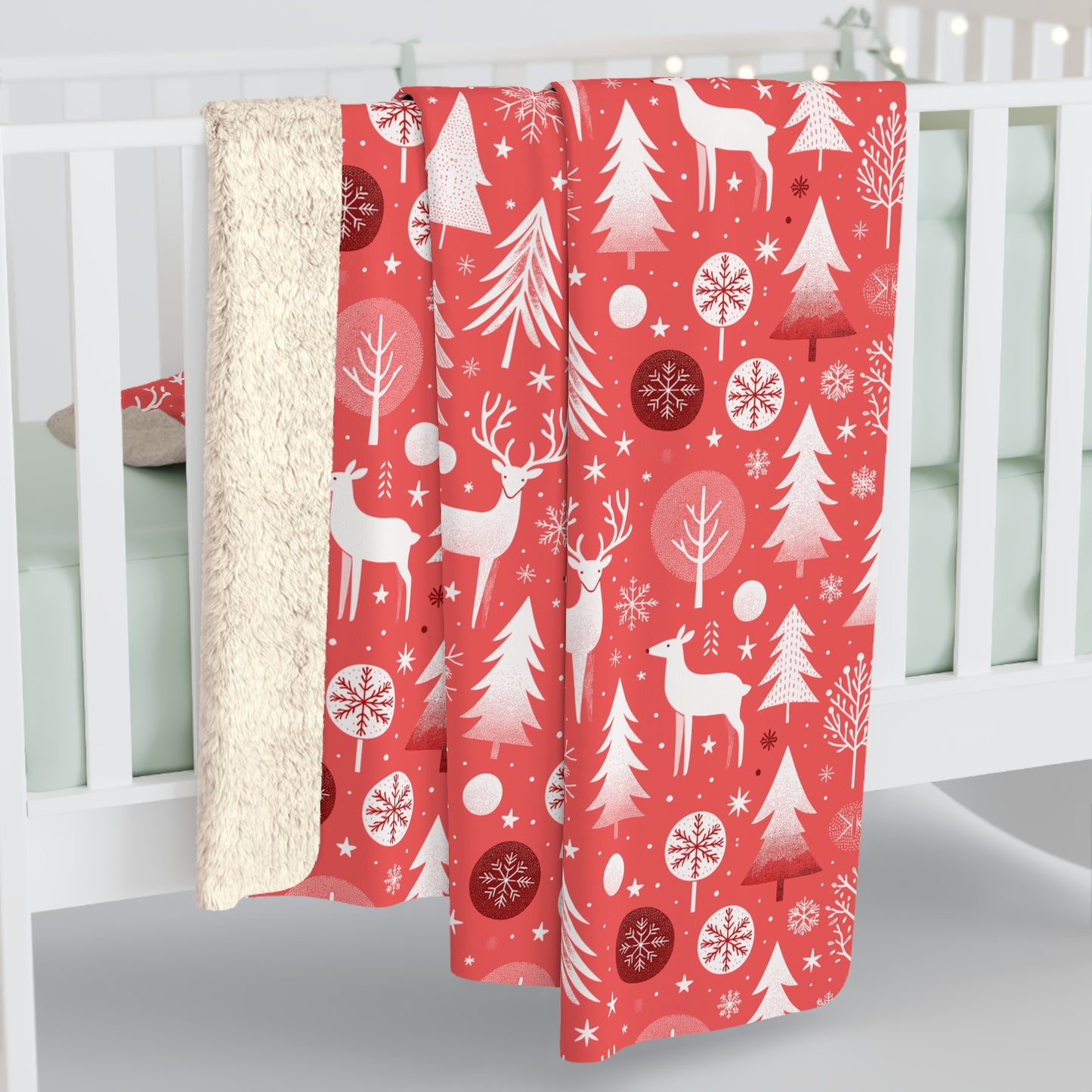 Warm Winter Sherpa Fleece Blanket, Red Throw Blanket, Deer, Trees, Snowflakes Winter Blanket - HolidayShoppingFinds