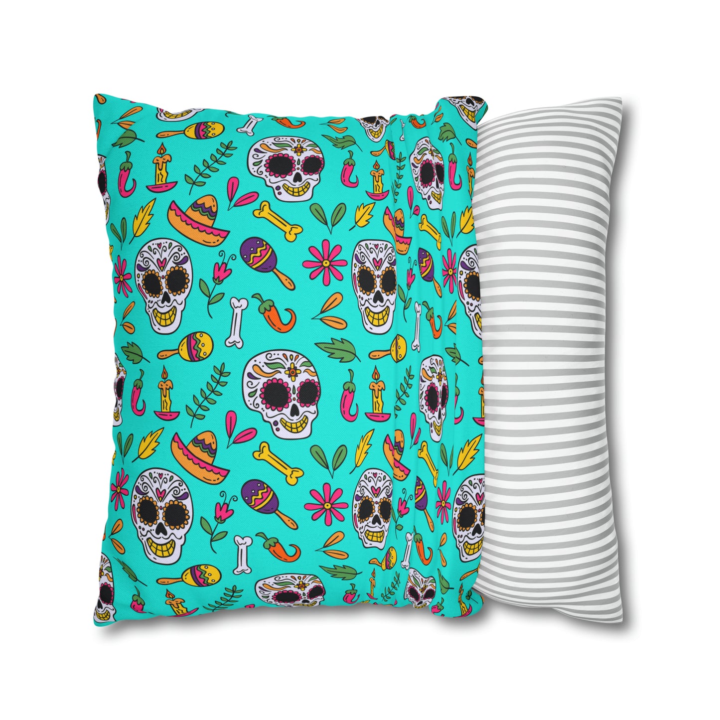 Sugar Skull Pillowcase, Day of the Dead Pillow Cover, Dia de Los Muertos Pillow, Halloween Pillow, Turquoise Decorative Square Pillow - HolidayShoppingFinds