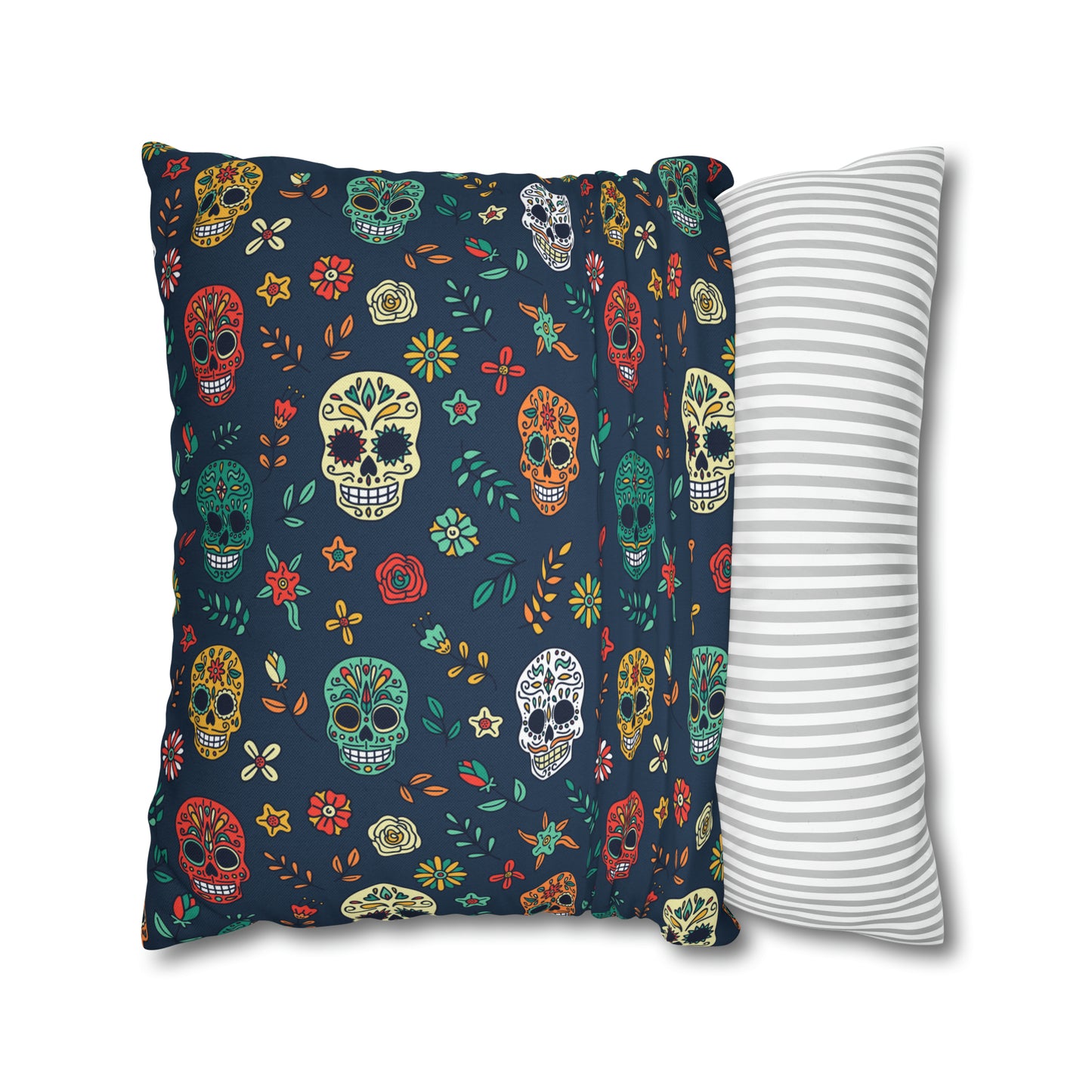 Sugar Skulls Pillowcase, Day of the Dead Pillow, Halloween Accent Blue Pillow Cover, Square Accent Pillow - HolidayShoppingFinds