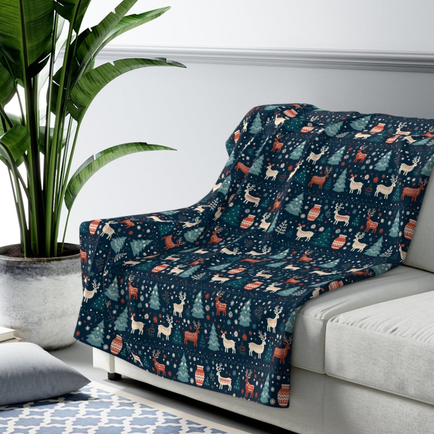 Holiday Sherpa Blanket, Reindeers, Christmas Trees, Snowflakes Throw Blanket Blue Cozy Throw Blanket, Holiday Gift 50" × 60" - HolidayShoppingFinds