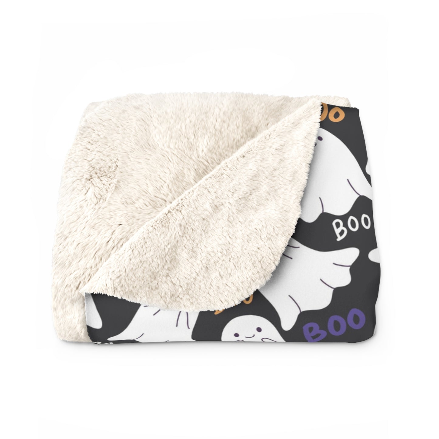 BOO Ghost Sherpa Blanket, Halloween Ghostly Throw Blanket, Black Fleece Blanket, Cozy Sofa Blanket - HolidayShoppingFinds