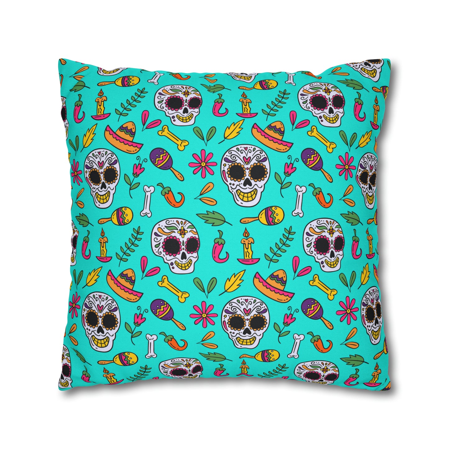 Sugar Skull Pillowcase, Day of the Dead Pillow Cover, Dia de Los Muertos Pillow, Halloween Pillow, Turquoise Decorative Square Pillow - HolidayShoppingFinds