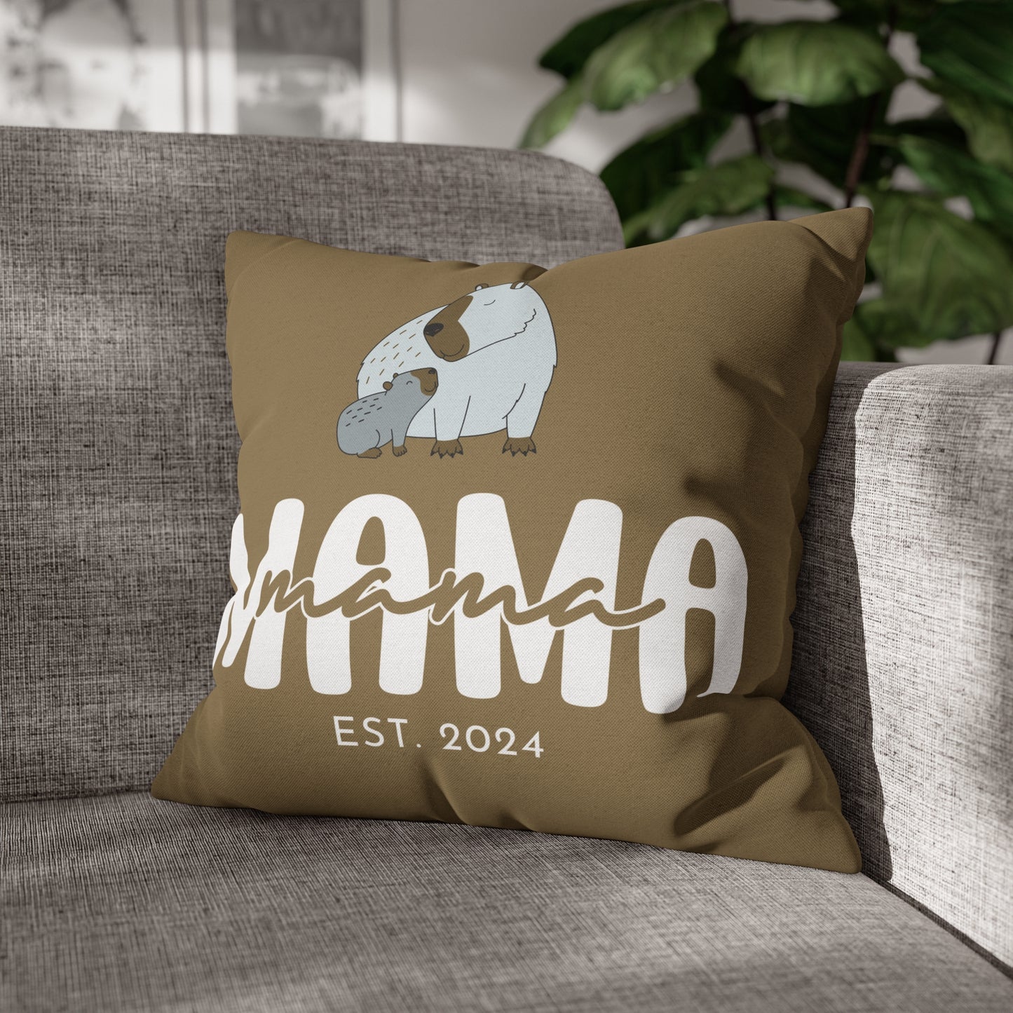 Personalized Mama Capybara Pillowcase Khaki, Gift For Mom 18" × 18" - HolidayShoppingFinds