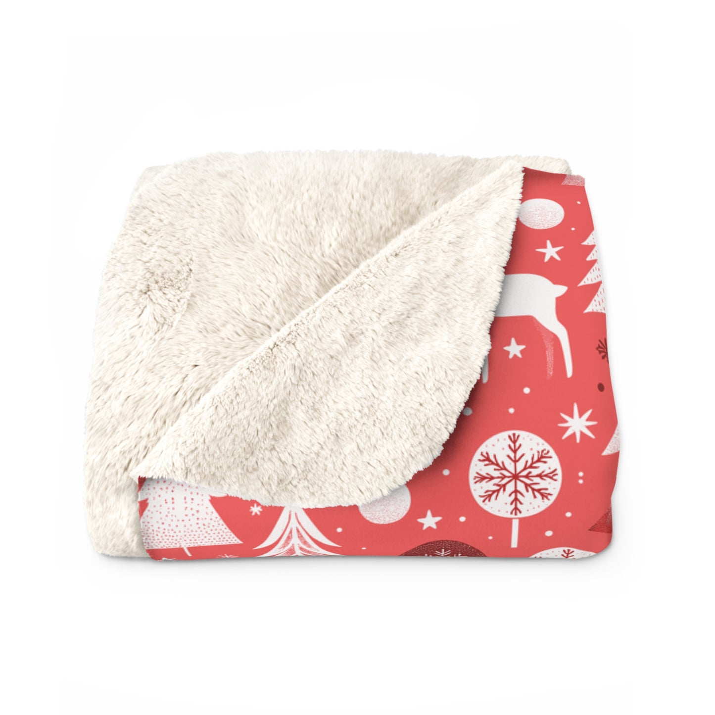 Warm Winter Sherpa Fleece Blanket, Red Throw Blanket, Deer, Trees, Snowflakes Winter Blanket - HolidayShoppingFinds