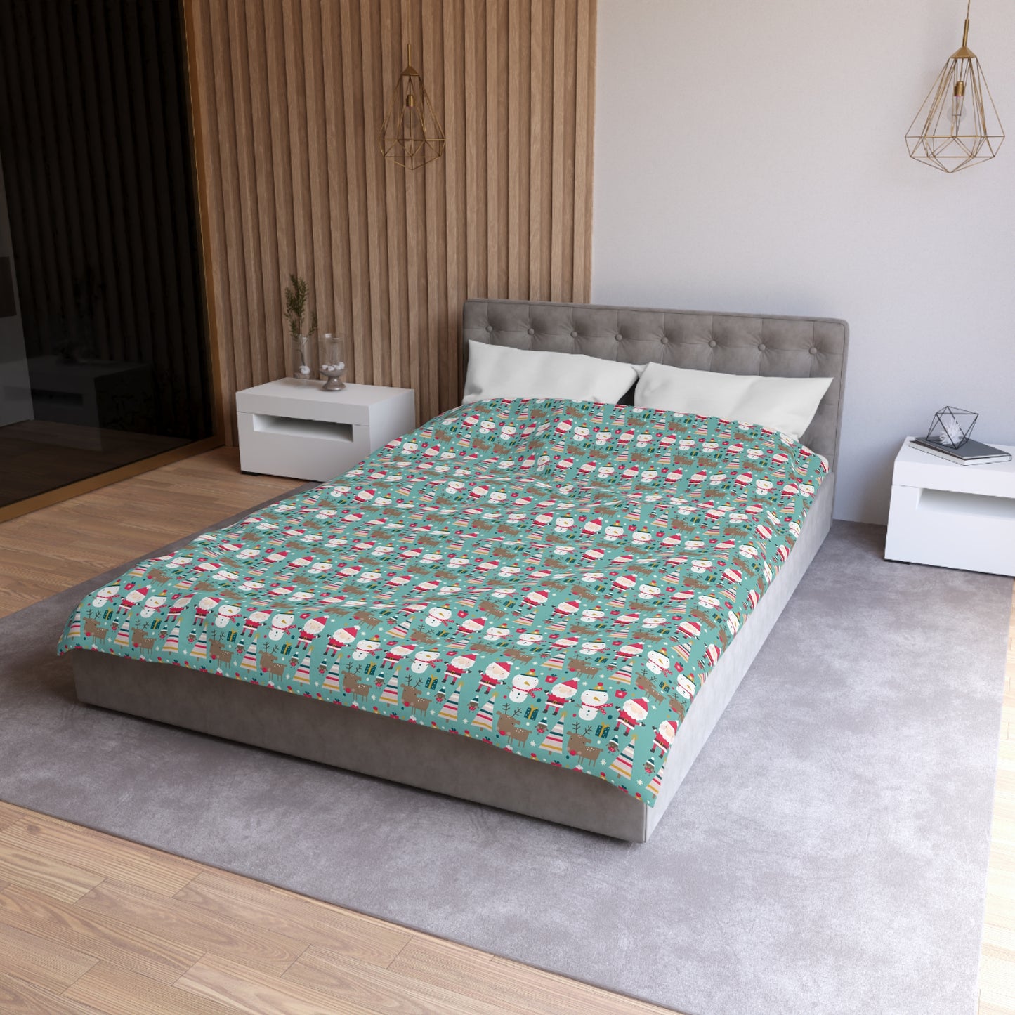 Merry Trio Green Duvet Cover with Santa, Snowman & Reindeer Twin/TwinXL/Queen/King Duvet - HolidayShoppingFinds