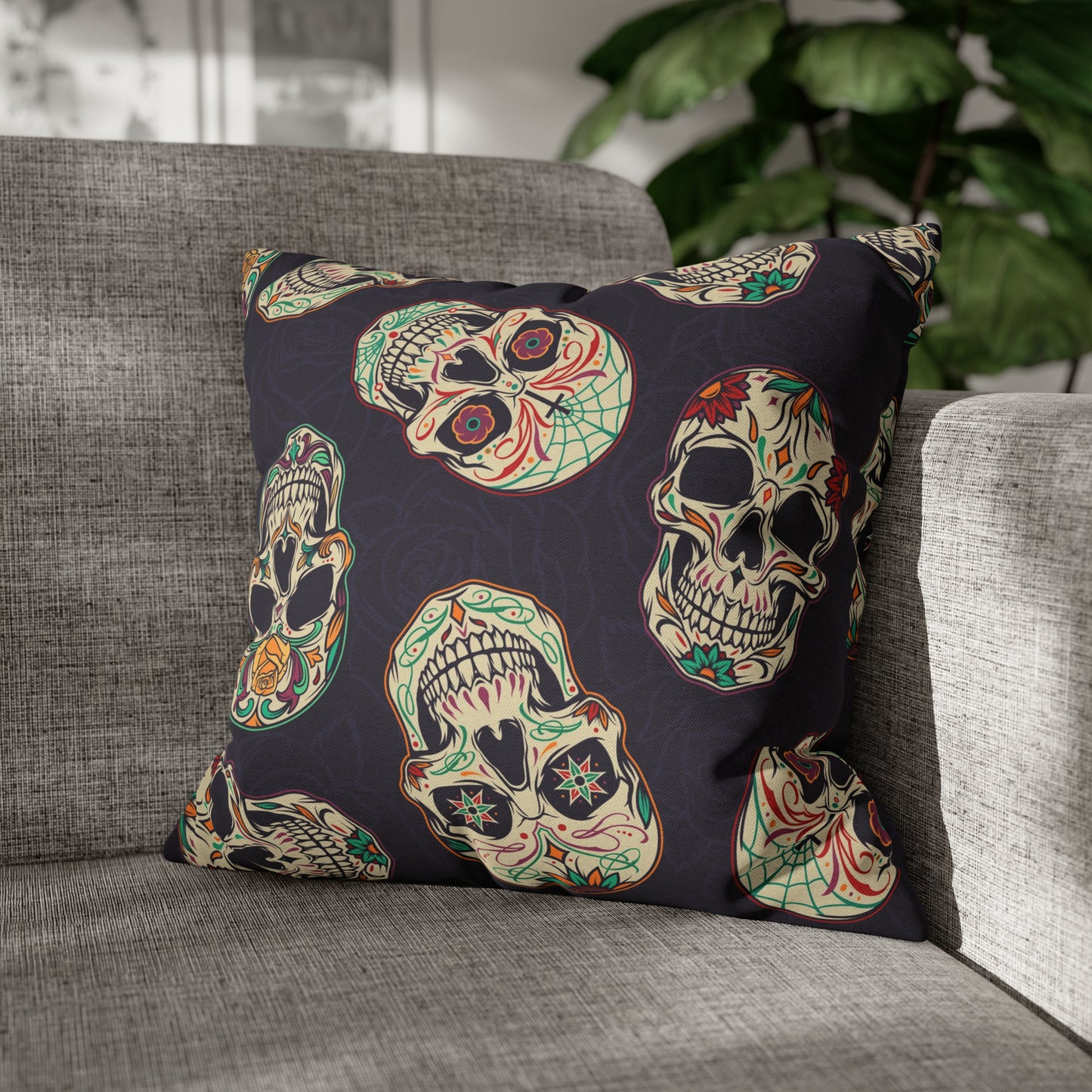 Sugar Skull Pillowcase, Day of the Dead Dia De Los Muertos Purple Pillow, Square 2-Sided Accent Pillow Cover 18" × 18" - HolidayShoppingFinds