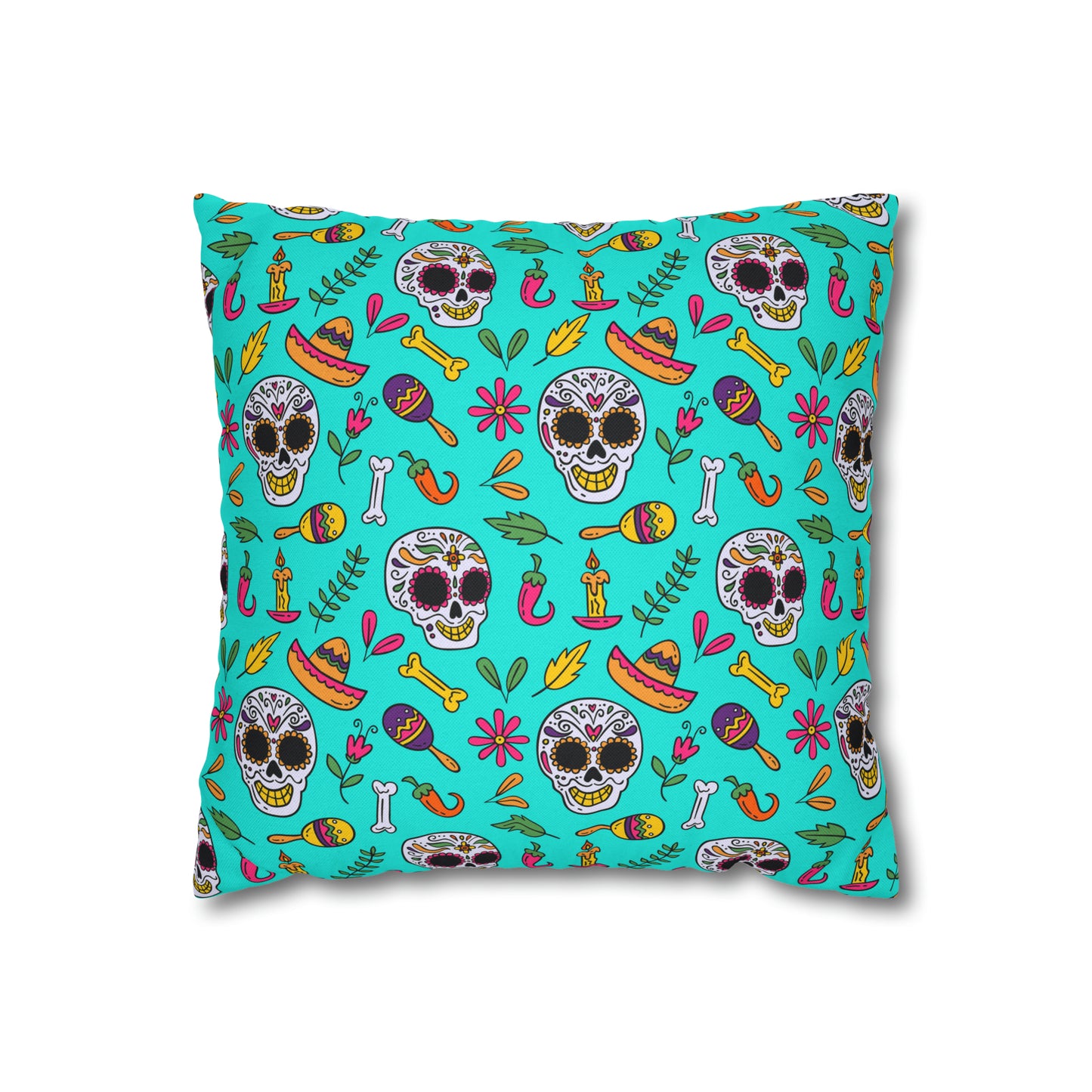 Sugar Skull Pillowcase, Day of the Dead Pillow Cover, Dia de Los Muertos Pillow, Halloween Pillow, Turquoise Decorative Square Pillow - HolidayShoppingFinds