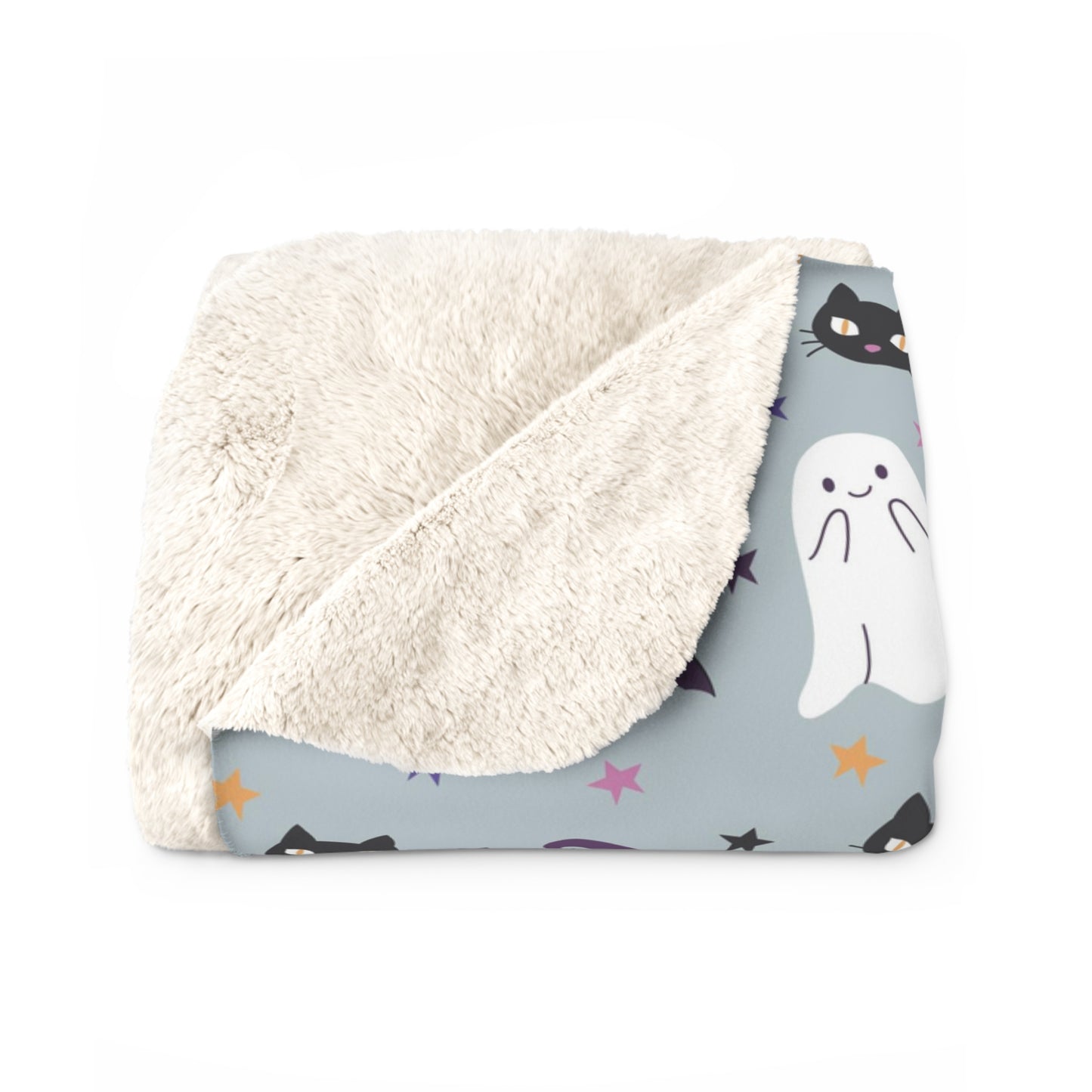 Halloween Sherpa Blanket, Ghoul Gang Ghost Black Cat Witch Hat Fleece Blanket Gray - HolidayShoppingFinds
