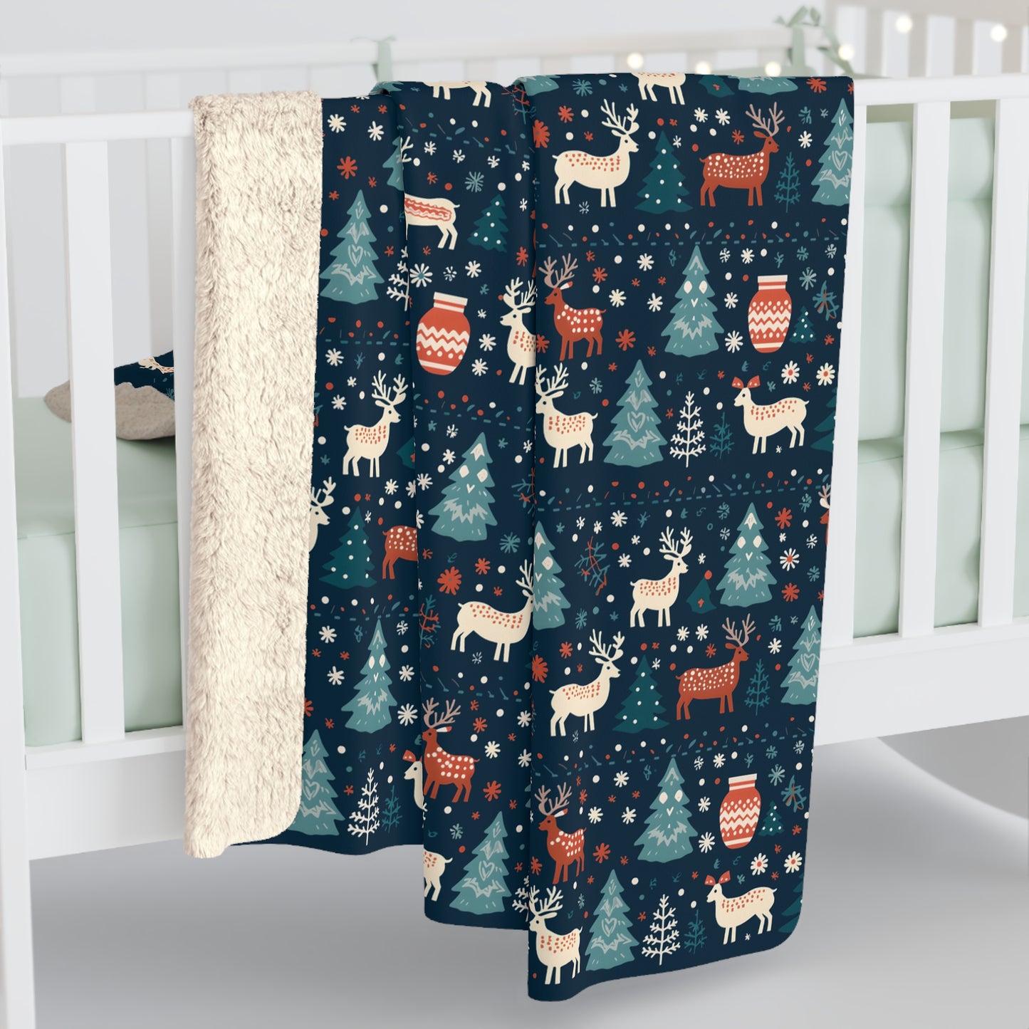 Holiday Sherpa Blanket, Reindeers, Christmas Trees, Snowflakes Throw Blanket Blue Cozy Throw Blanket, Holiday Gift - HolidayShoppingFinds