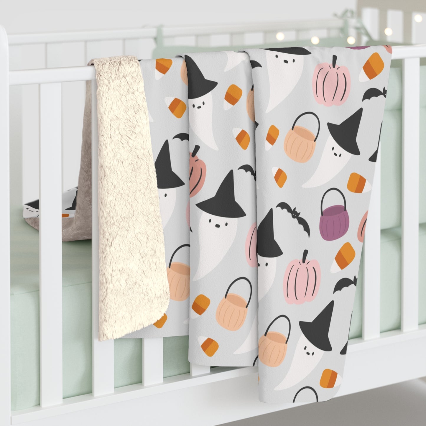 Halloween Whimsical Sherpa Blanket, Ghost Pumpkin Bats Throw Blanket Gray - HolidayShoppingFinds