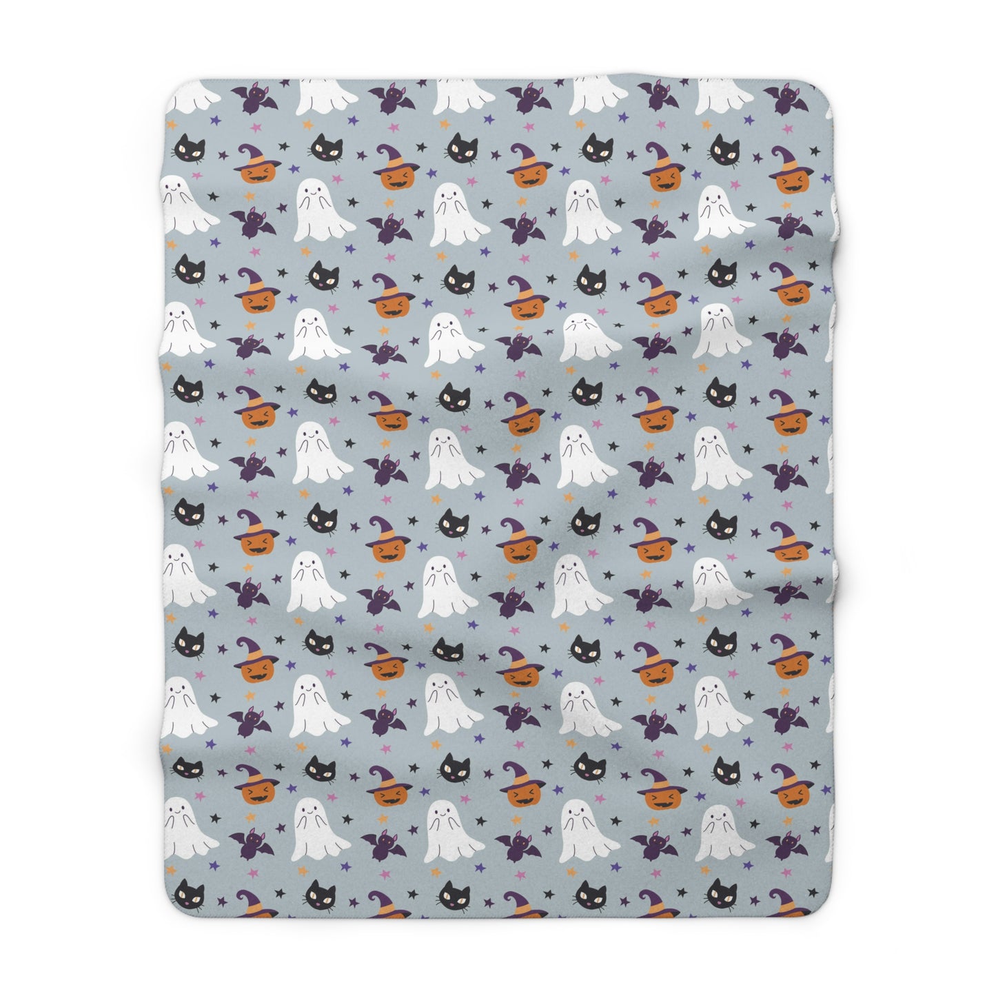 Halloween Sherpa Blanket, Ghoul Gang Ghost Black Cat Witch Hat Fleece Blanket Gray - HolidayShoppingFinds