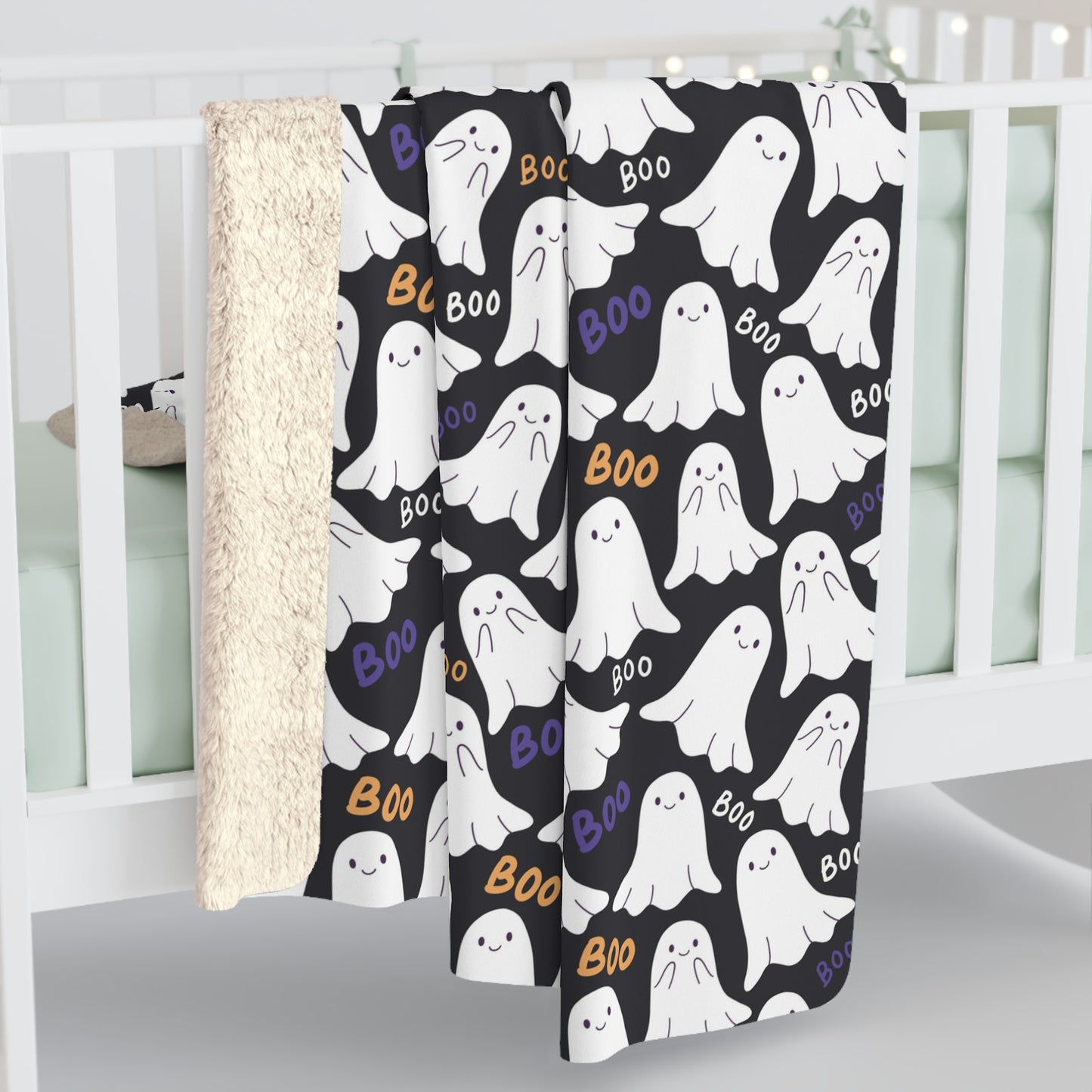 BOO Ghost Sherpa Blanket, Halloween Ghostly Throw Blanket, Black Fleece Blanket, Cozy Sofa Blanket - HolidayShoppingFinds