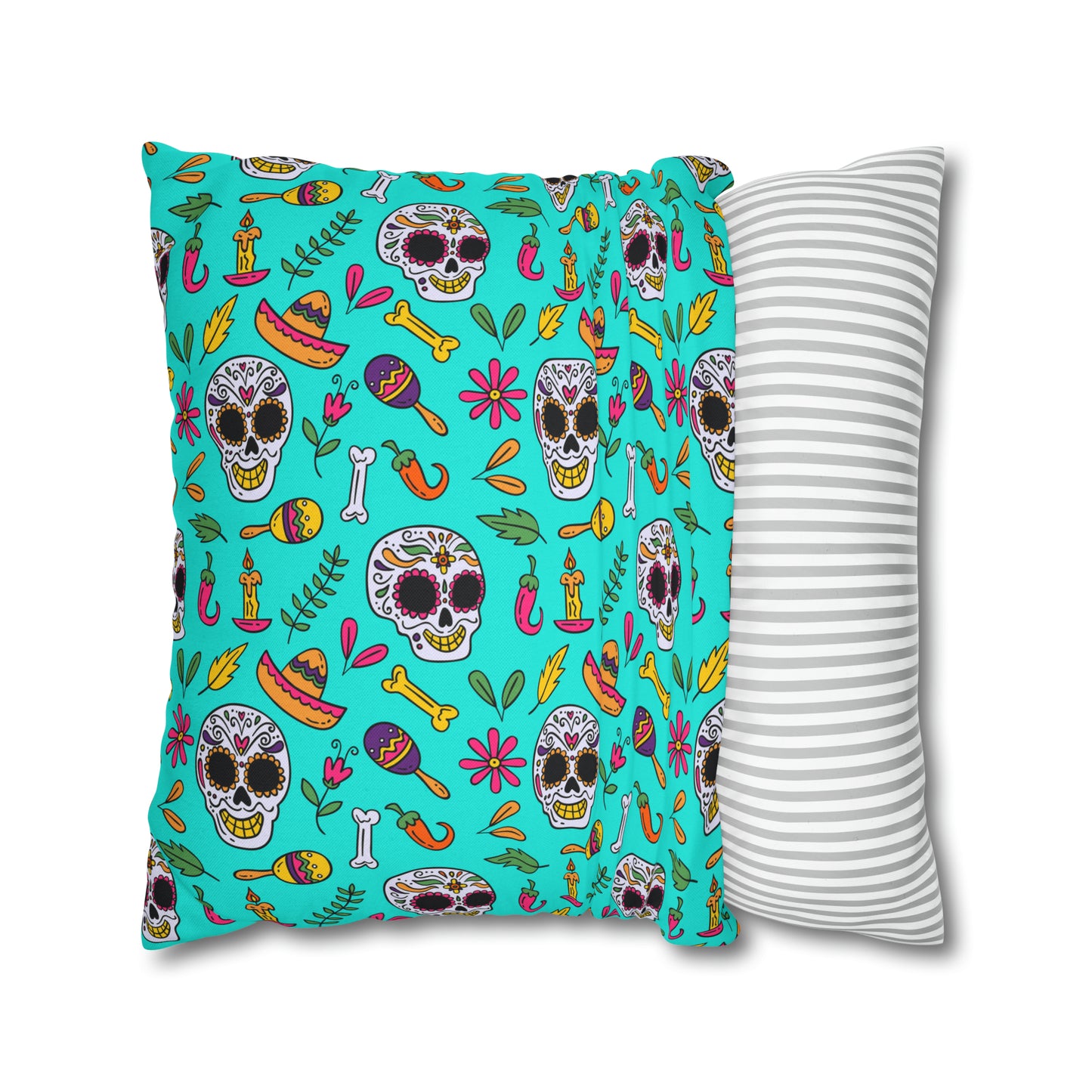 Sugar Skull Pillowcase, Day of the Dead Pillow Cover, Dia de Los Muertos Pillow, Halloween Pillow, Turquoise Decorative Square Pillow - HolidayShoppingFinds