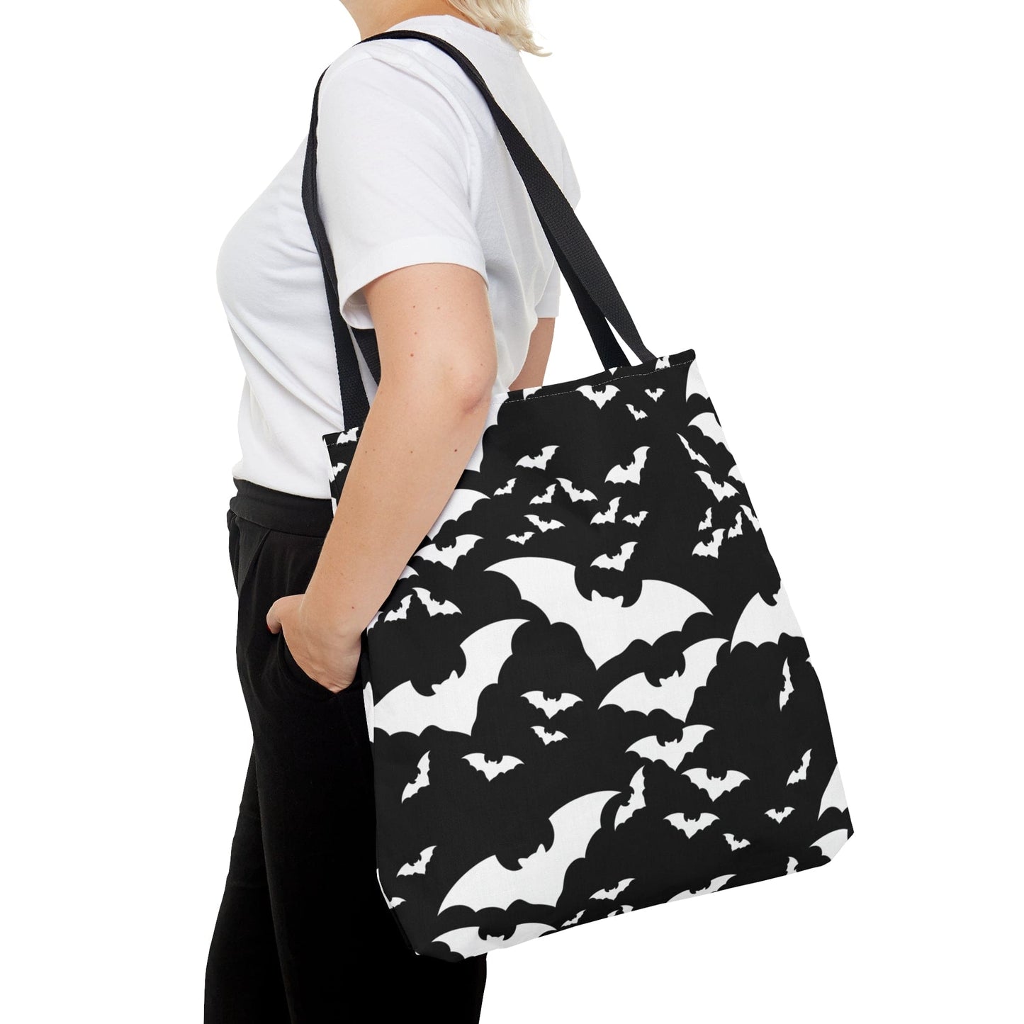 Spooky Bats Black Tote Bag, Halloween Gothic Handbag, Trick or Treat Bag, B&W Bag Large - HolidayShoppingFinds
