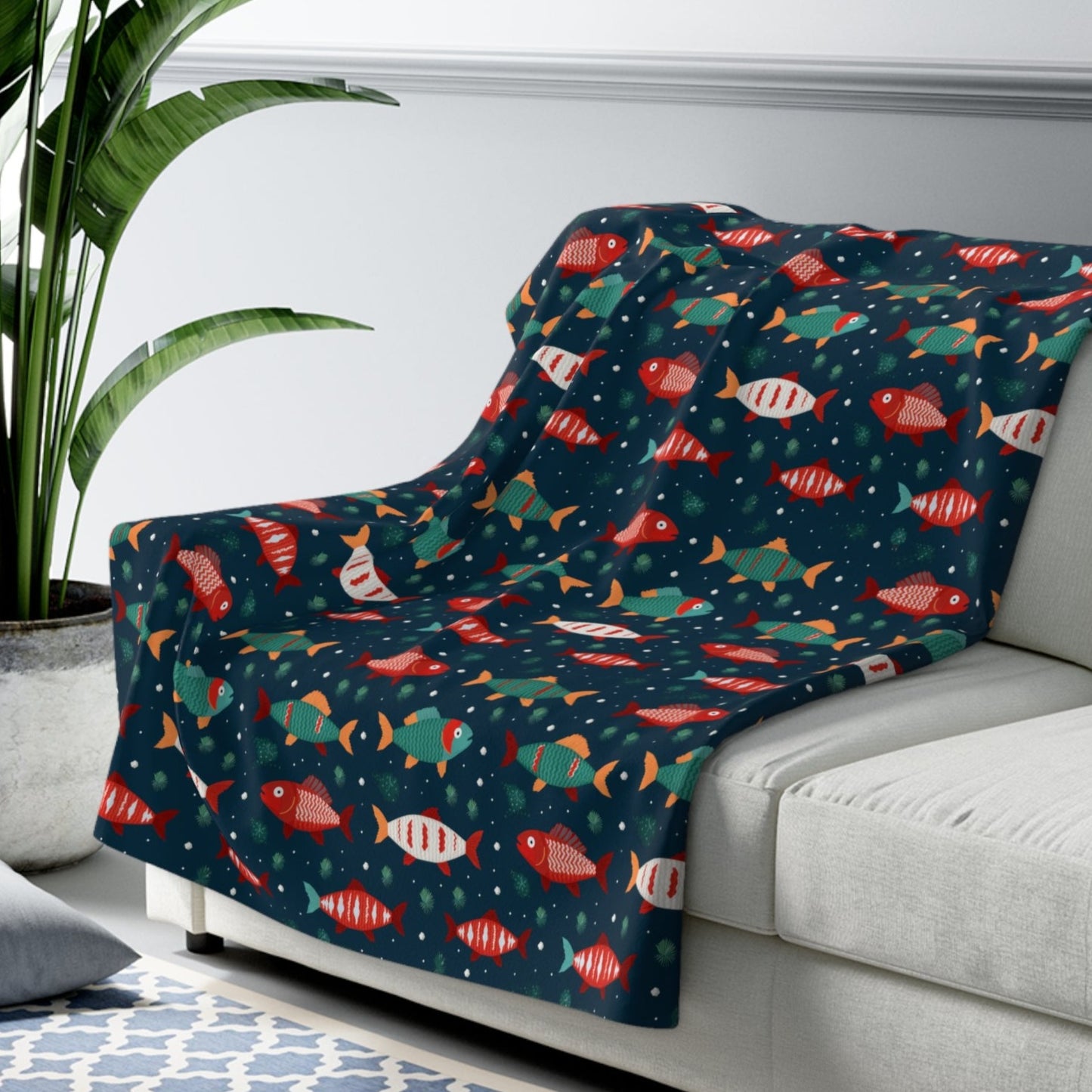 Marine Life Blanket, Fish Print Sherpa Fleece Blanket Blue, Fisherman Fishing Lover Gift, Ocean Throw Blanket, Coastal Home Décor 50" × 60" - HolidayShoppingFinds