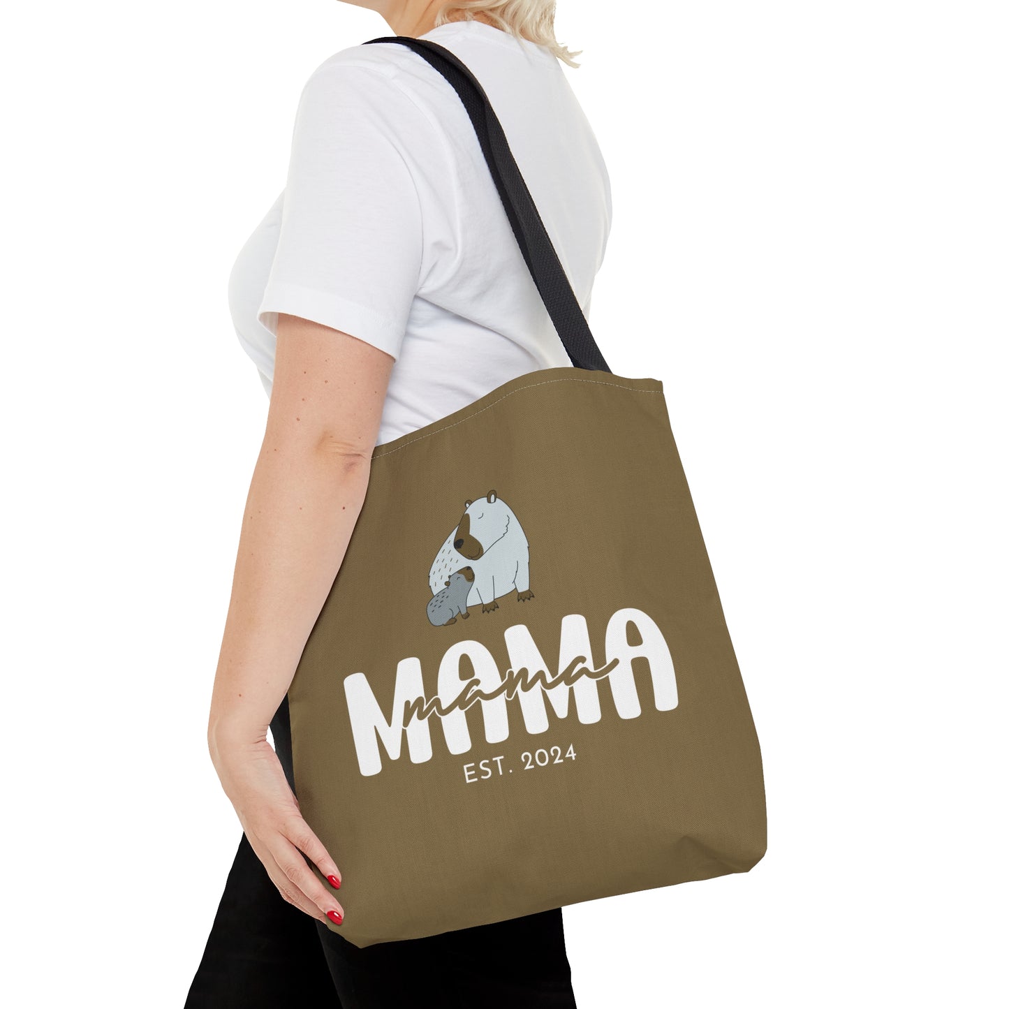 Custom Mama Capybara Tote Bag Khaki, Gift for Mom Custom Tote Bag - HolidayShoppingFinds