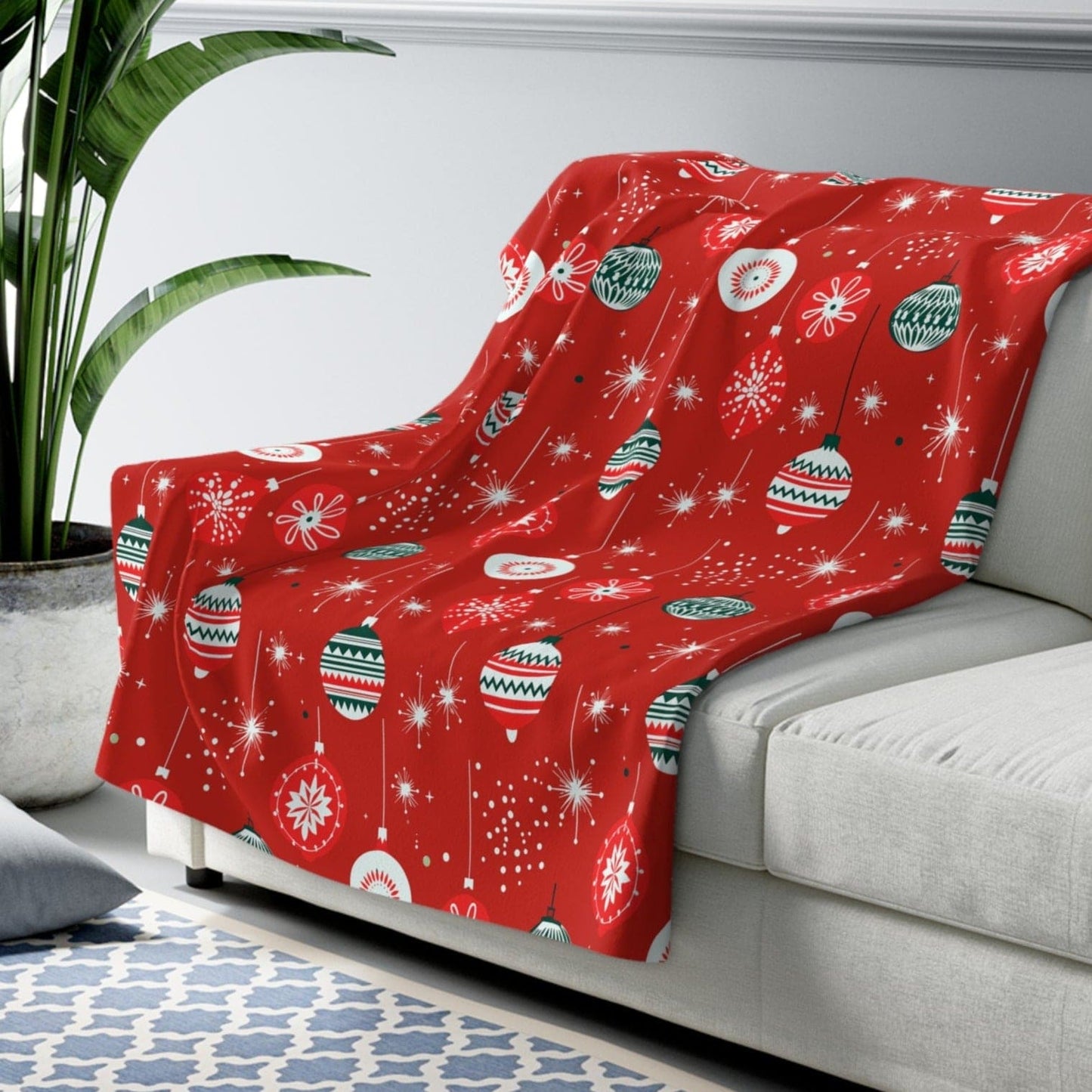 Christmas Ornaments Sherpa Blanket, Winter Holiday Red Fleece Blanket, Cozy Throw Blanket, Holiday Gift 50" × 60" - HolidayShoppingFinds
