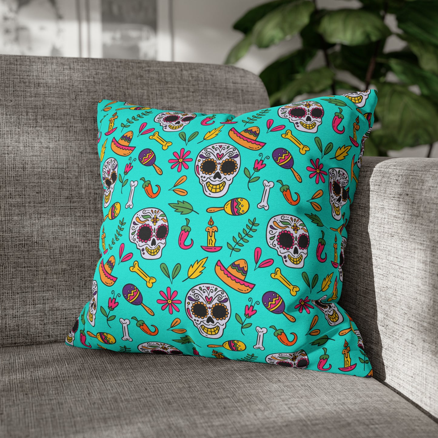 Sugar Skull Pillowcase, Day of the Dead Pillow Cover, Dia de Los Muertos Pillow, Halloween Pillow, Turquoise Decorative Square Pillow 18" × 18" - HolidayShoppingFinds