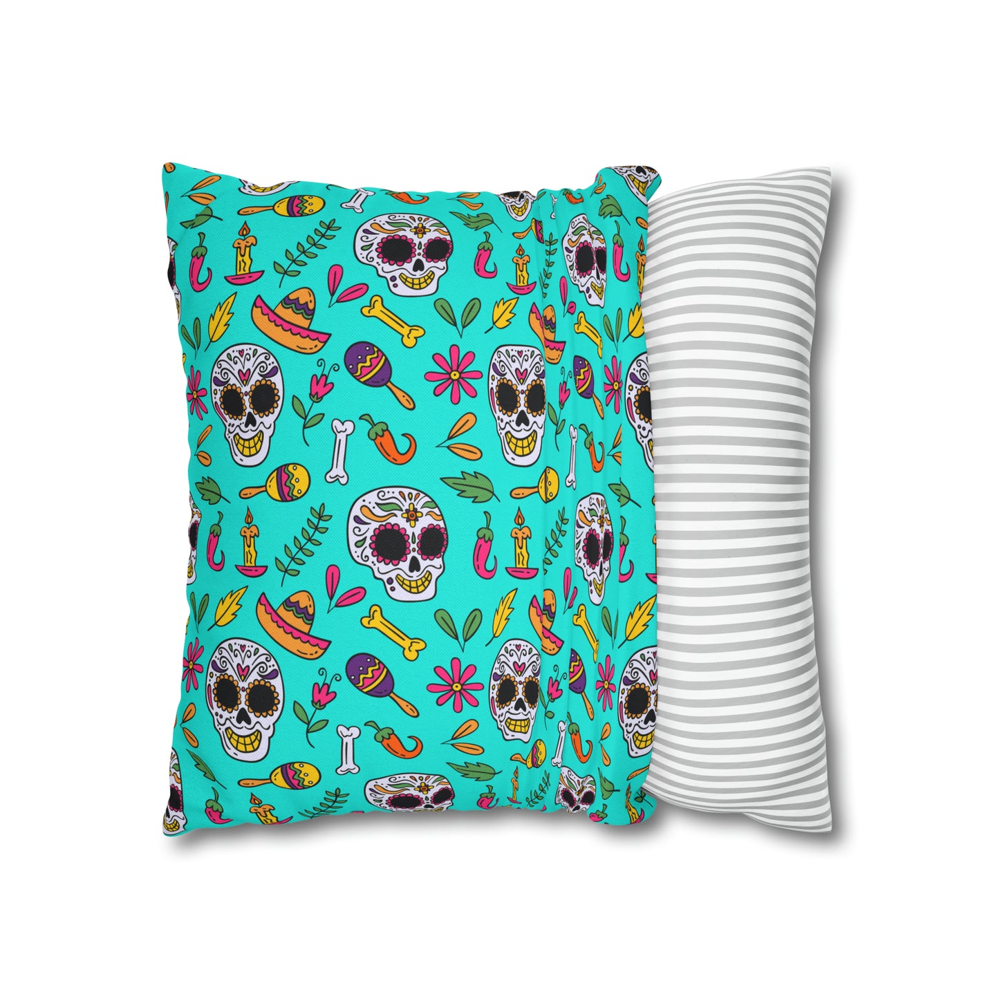 Sugar Skull Pillowcase, Day of the Dead Pillow Cover, Dia de Los Muertos Pillow, Halloween Pillow, Turquoise Decorative Square Pillow - HolidayShoppingFinds