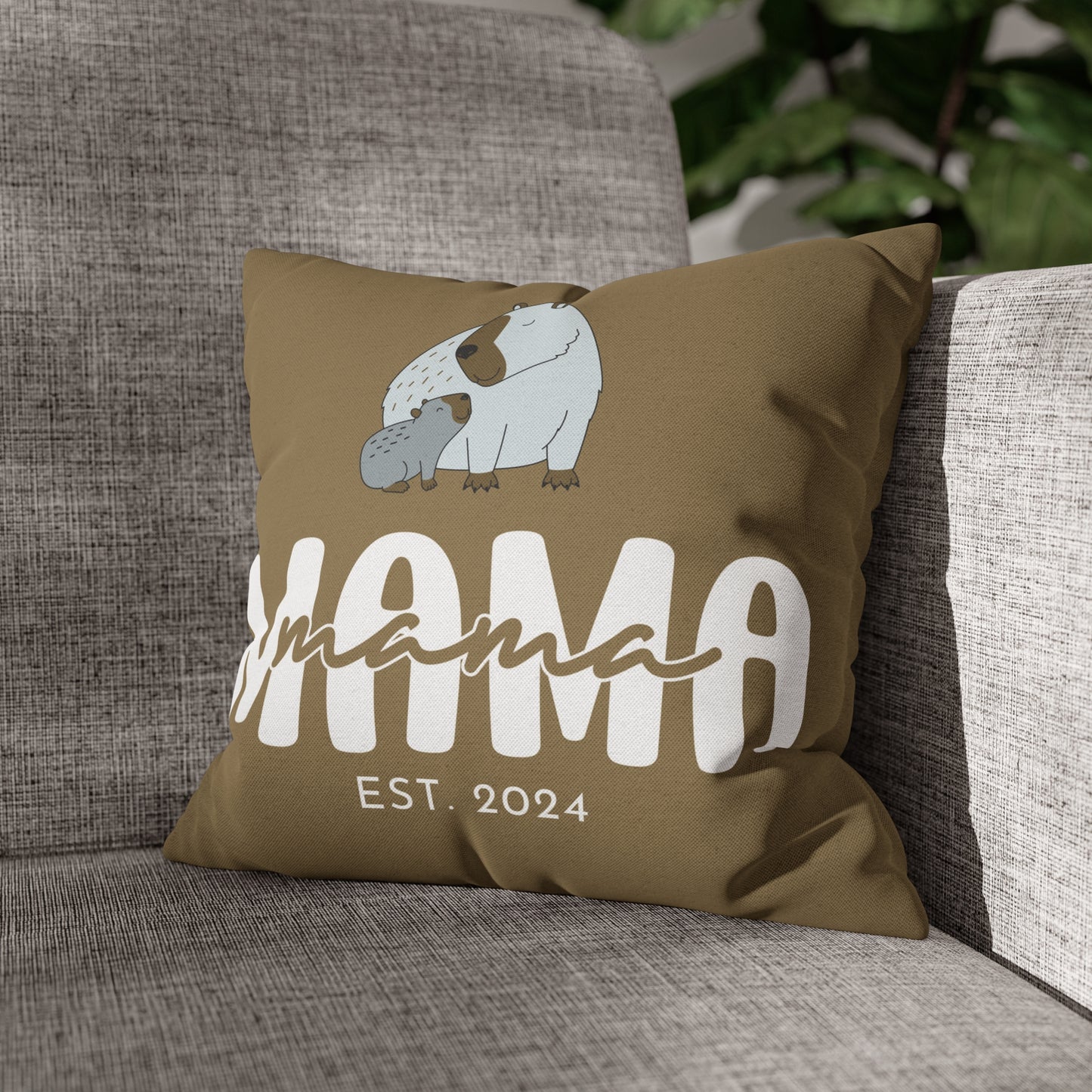 Personalized Mama Capybara Pillowcase Khaki, Gift For Mom 14" × 14" - HolidayShoppingFinds