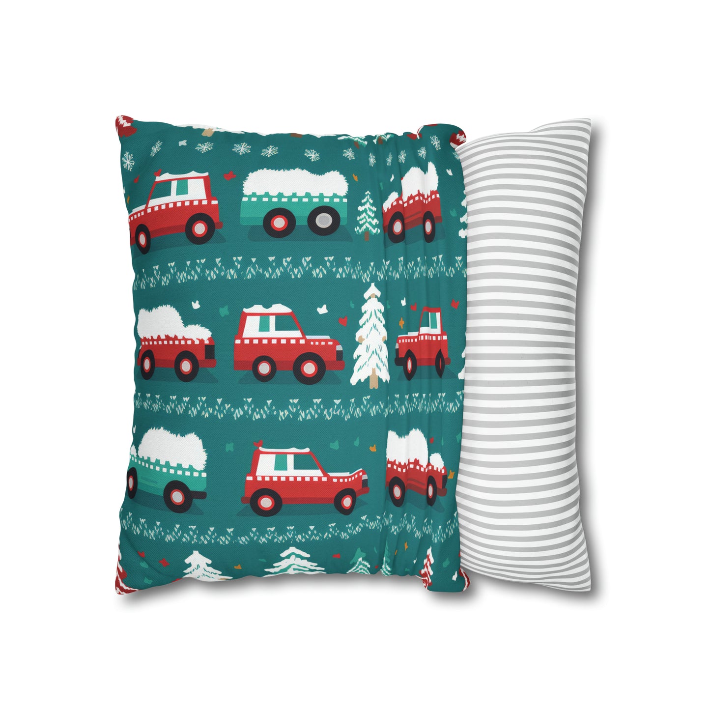 Winter Roadtrip Pillowcase, Snowy Car Teal Pillow Case Cover Vehicle-Themed Cushion Throw - HolidayShoppingFinds
