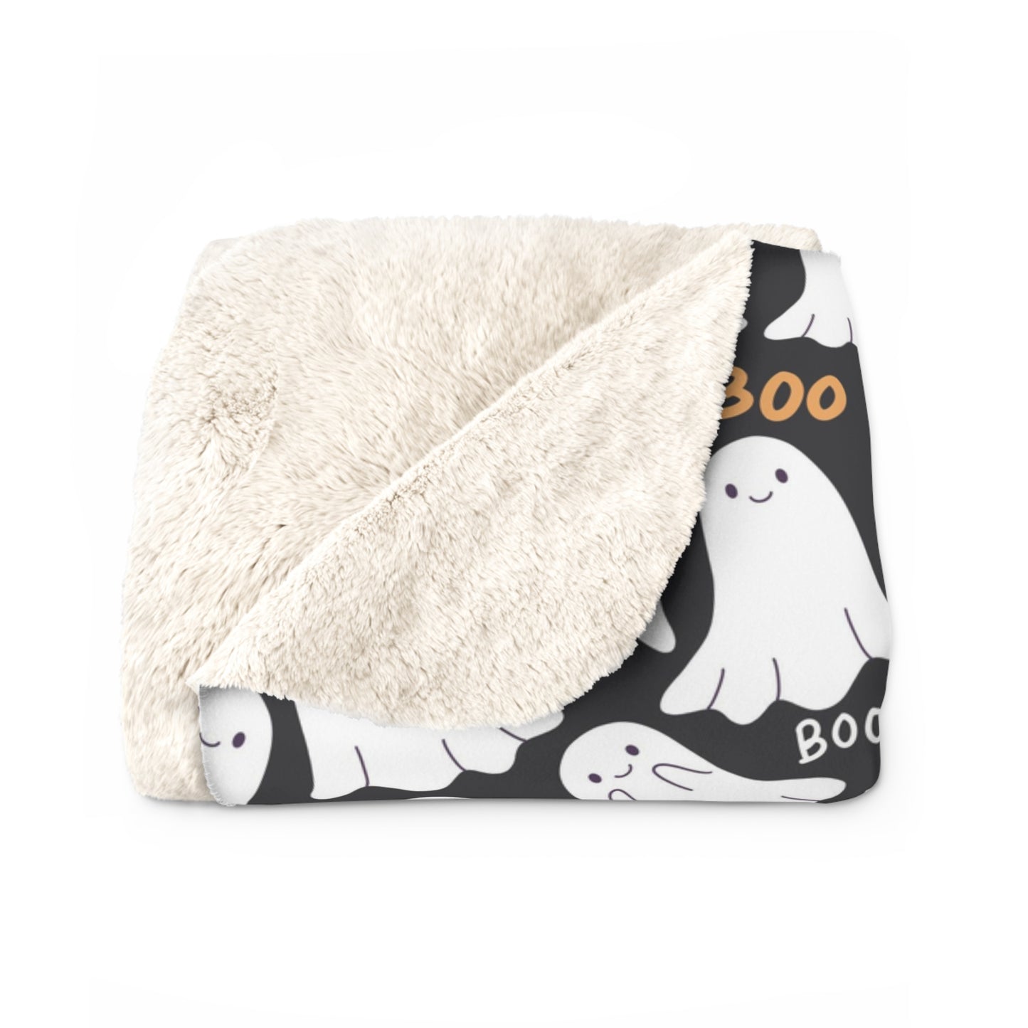 BOO Ghost Sherpa Blanket, Halloween Ghostly Throw Blanket, Black Fleece Blanket, Cozy Sofa Blanket - HolidayShoppingFinds