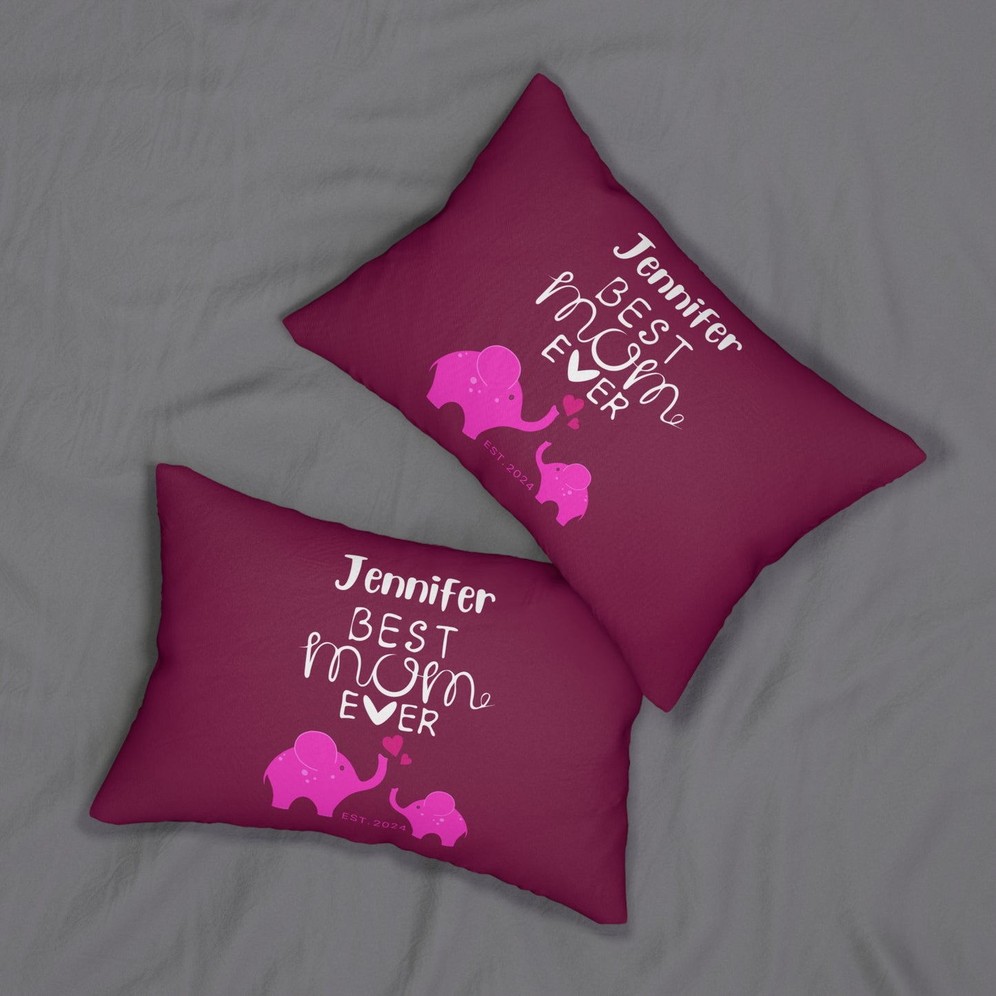 Personalized Best Mom Ever Lumbar Pillow Pink, Gift for Mom, Mom Baby Elephants - HolidayShoppingFinds