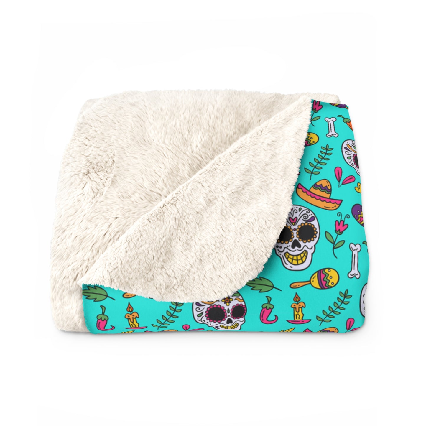 Sugar Skull Sherpa Blanket, Day of the Dead Turquoise Fleece Blanket - HolidayShoppingFinds