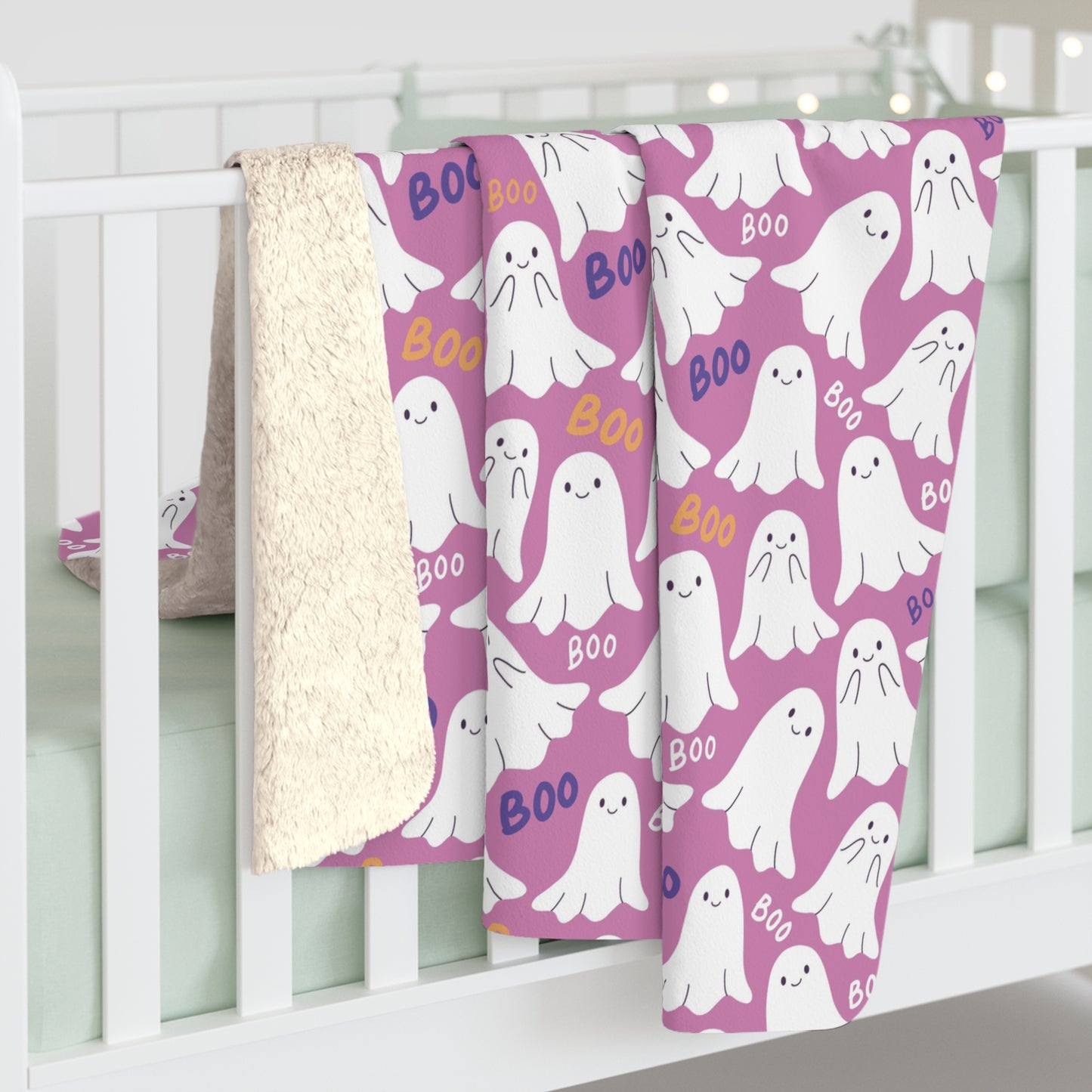 BOO Ghost Pink Sherpa Fleece Blanket, Halloween Ghost Throw Blanket - HolidayShoppingFinds