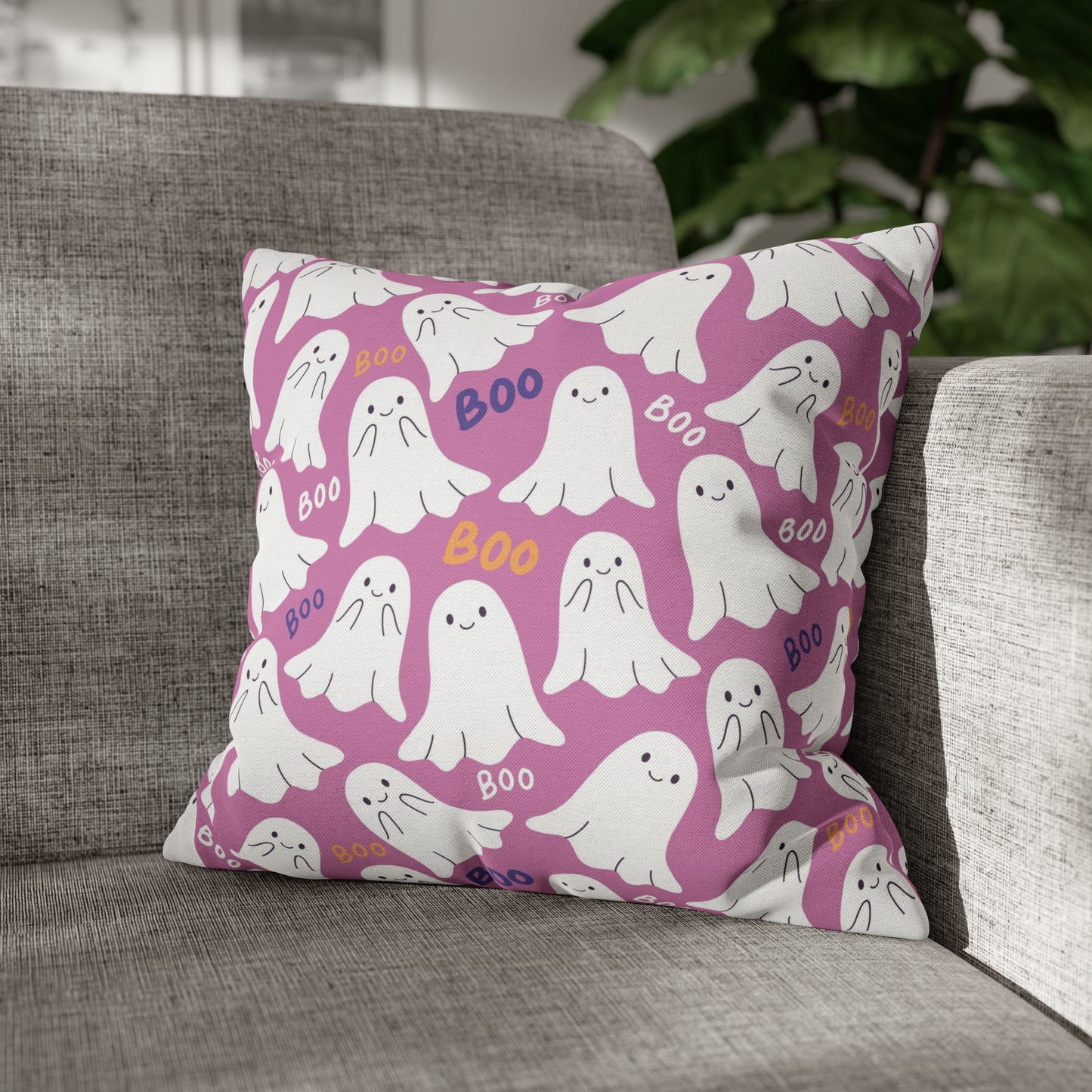 BOO Ghost Decorative Pillowcase Halloween Spooky Ghost Pillow Cover, Pink Square Pillow, 2-Sided Pillow Cover - HolidayShoppingFinds