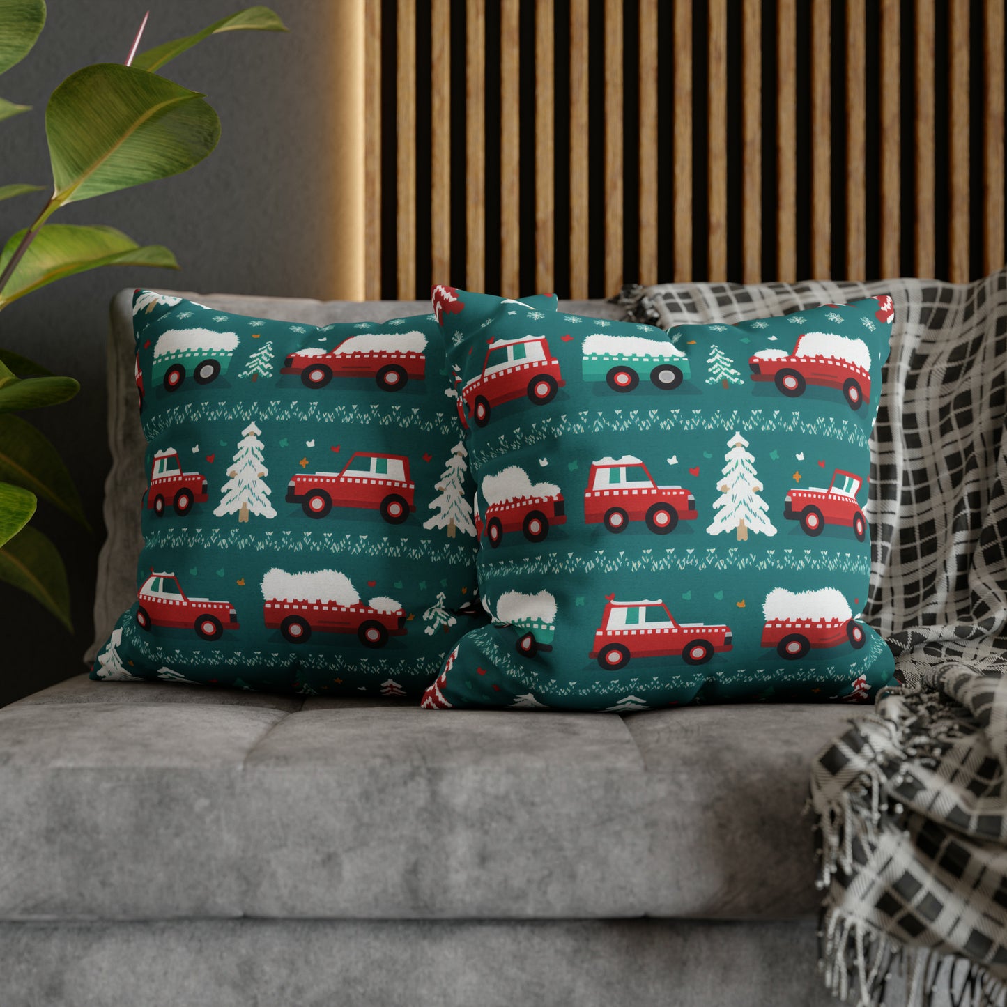Winter Roadtrip Pillowcase, Snowy Car Teal Pillow Case Cover Vehicle-Themed Cushion Throw - HolidayShoppingFinds
