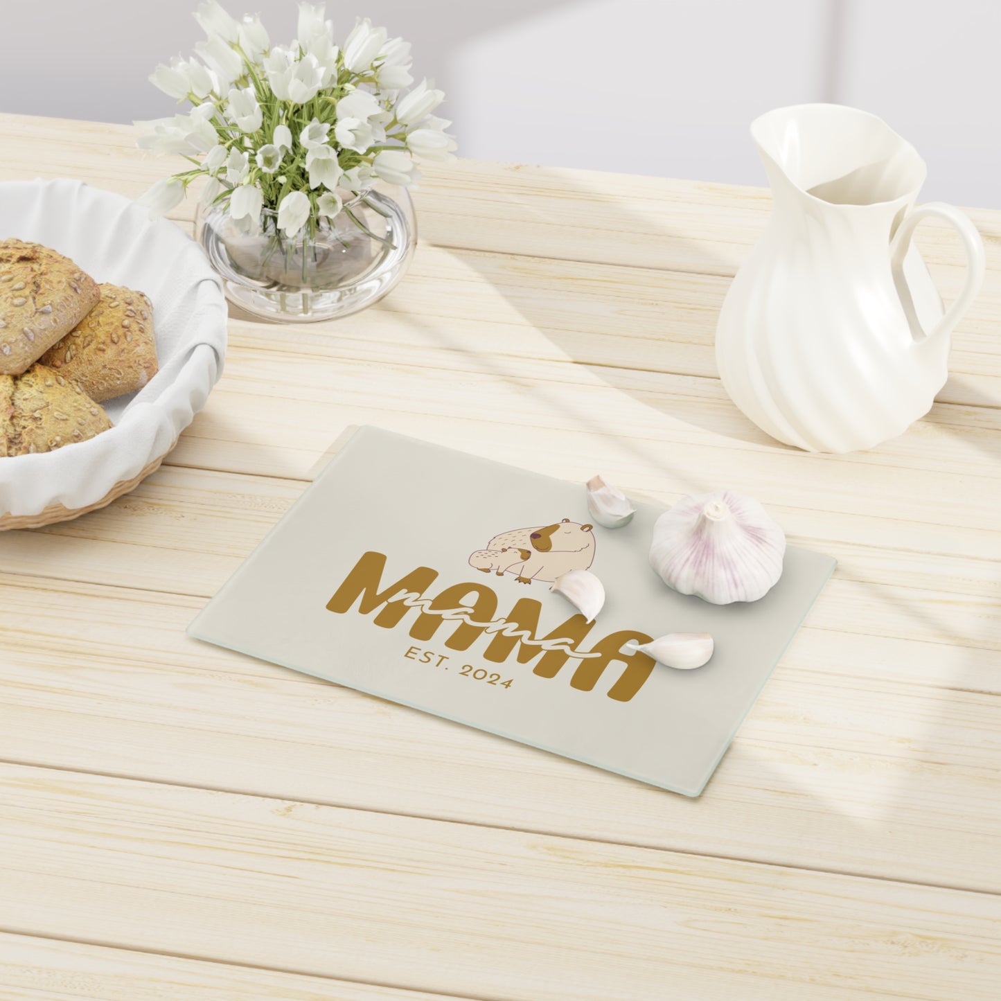 Personalized Mama Capybara Glass Cutting Board Beige, Gift For Moms - HolidayShoppingFinds