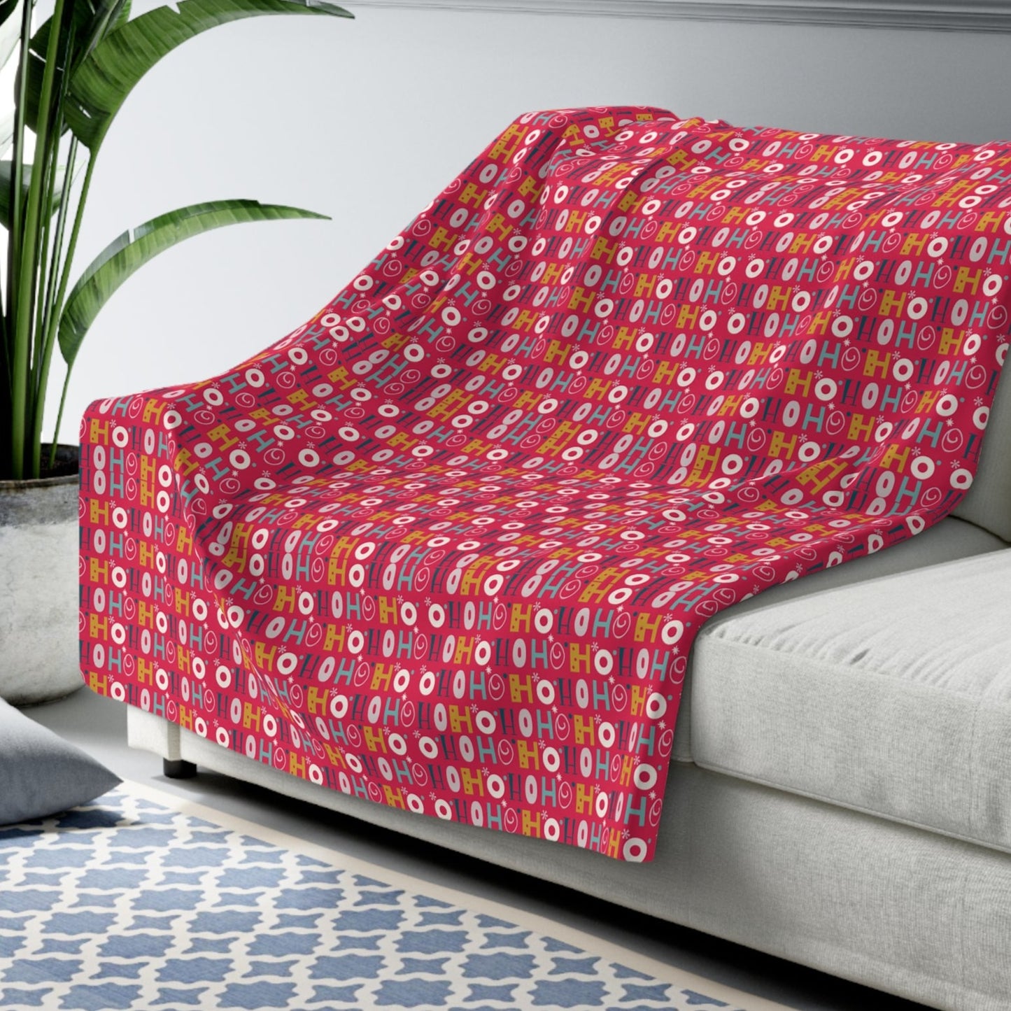 Ho Ho Holiday Patterned Red Sherpa Fleece Blanket, Cozy Throw Blanket, Holiday Gift 60" × 80" - HolidayShoppingFinds