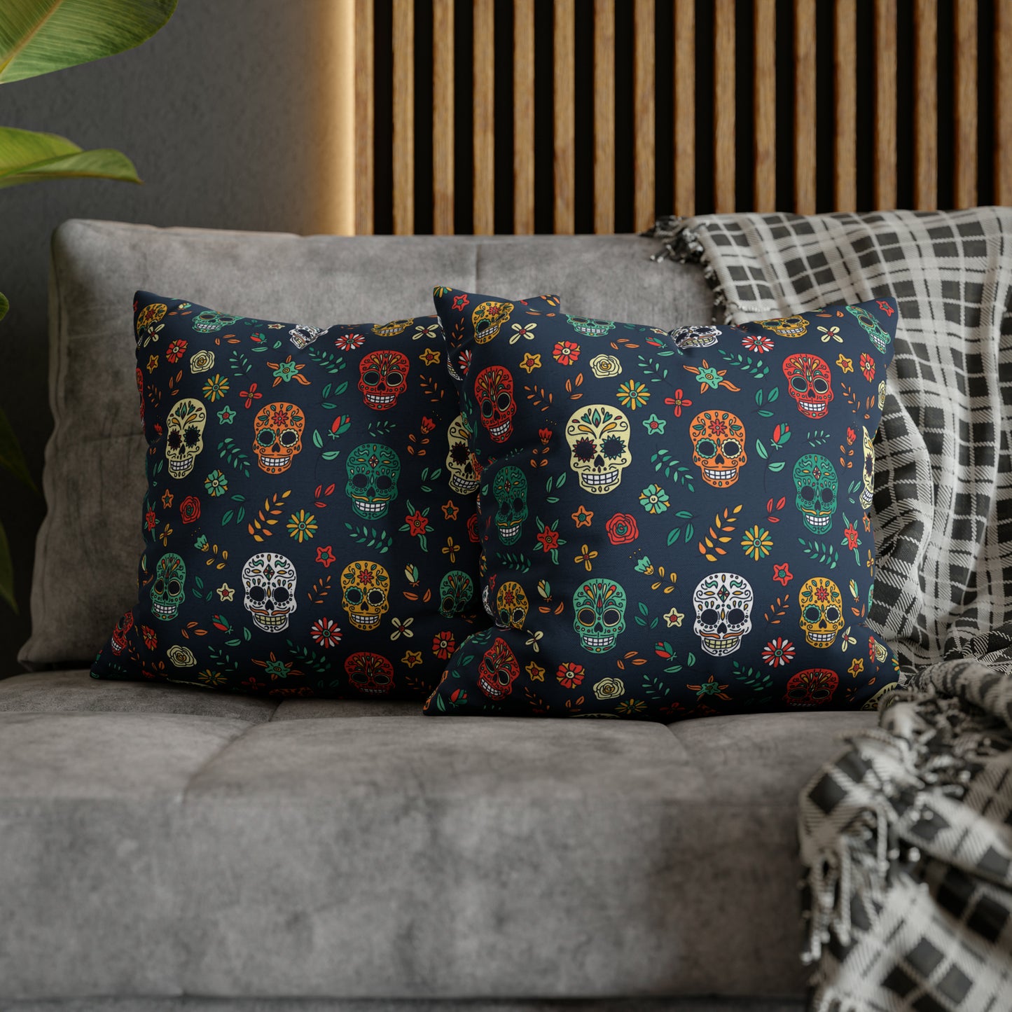 Sugar Skulls Pillowcase, Day of the Dead Pillow, Halloween Accent Blue Pillow Cover, Square Accent Pillow - HolidayShoppingFinds