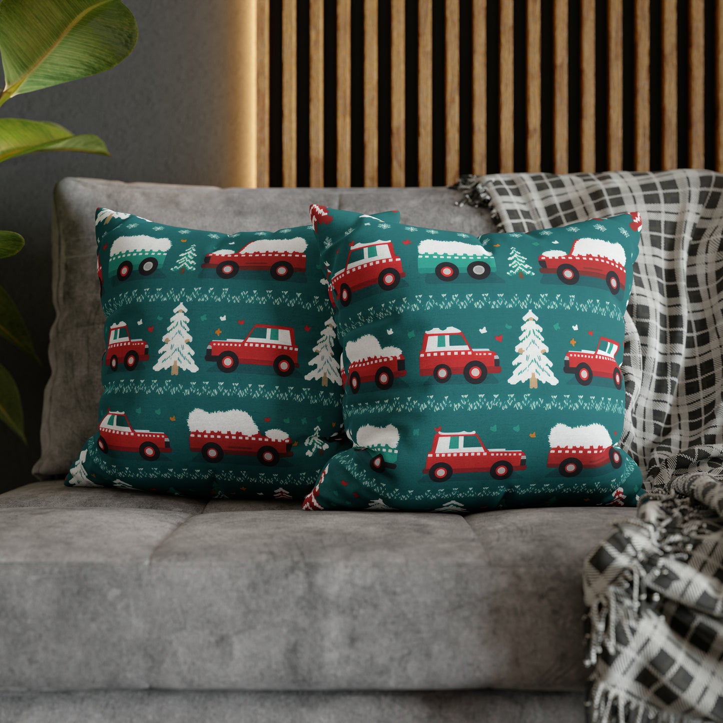 Winter Roadtrip Pillowcase, Snowy Car Teal Pillow Case Cover Vehicle-Themed Cushion Throw - HolidayShoppingFinds