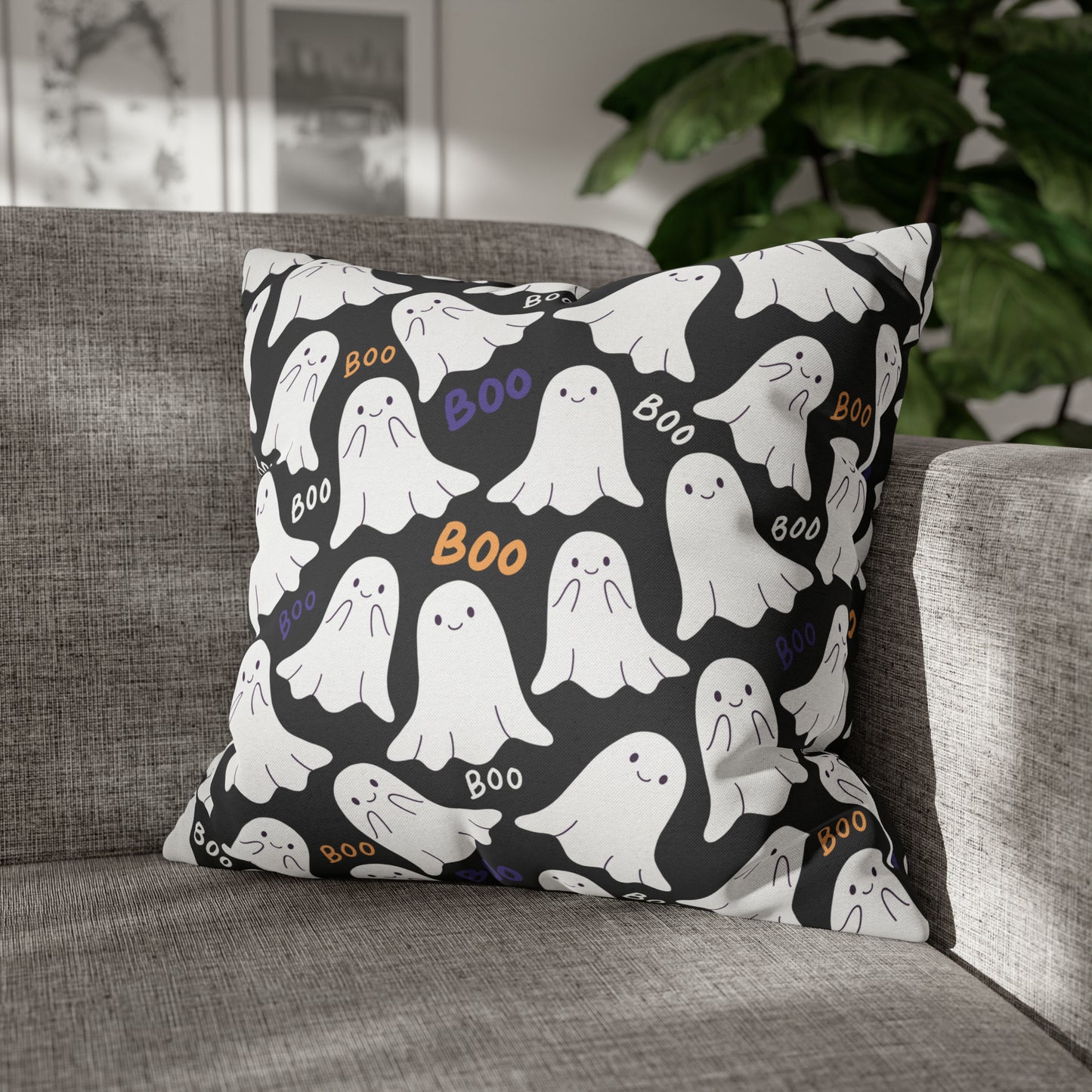 BOO Ghost Decorative Pillowcase Halloween Ghost Spooky Sofa Pillow B&W 20" × 20" - HolidayShoppingFinds