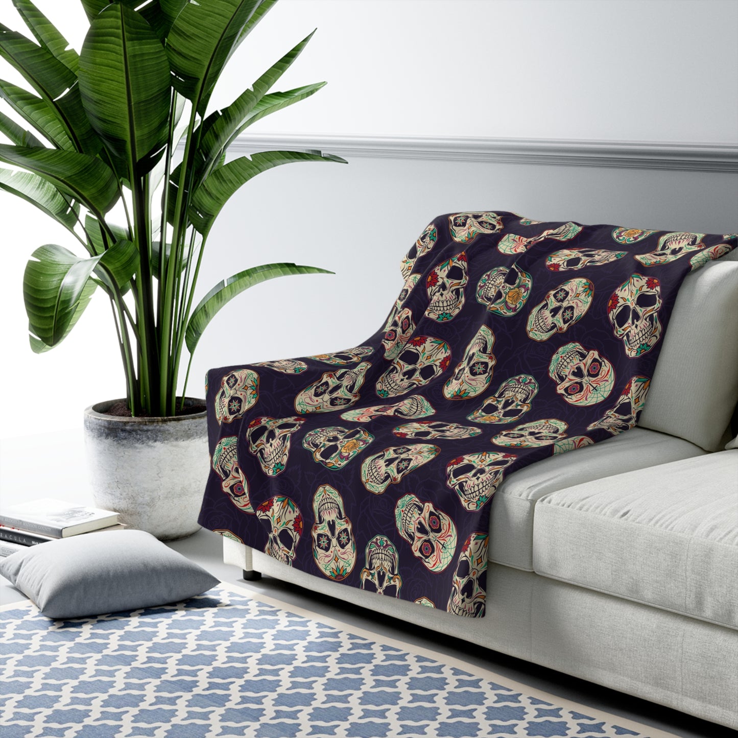 Gothic Sugar Skull Sherpa Fleece Blanket, Day of the Dead Purple Throw Blanket 50" × 60" - HolidayShoppingFinds