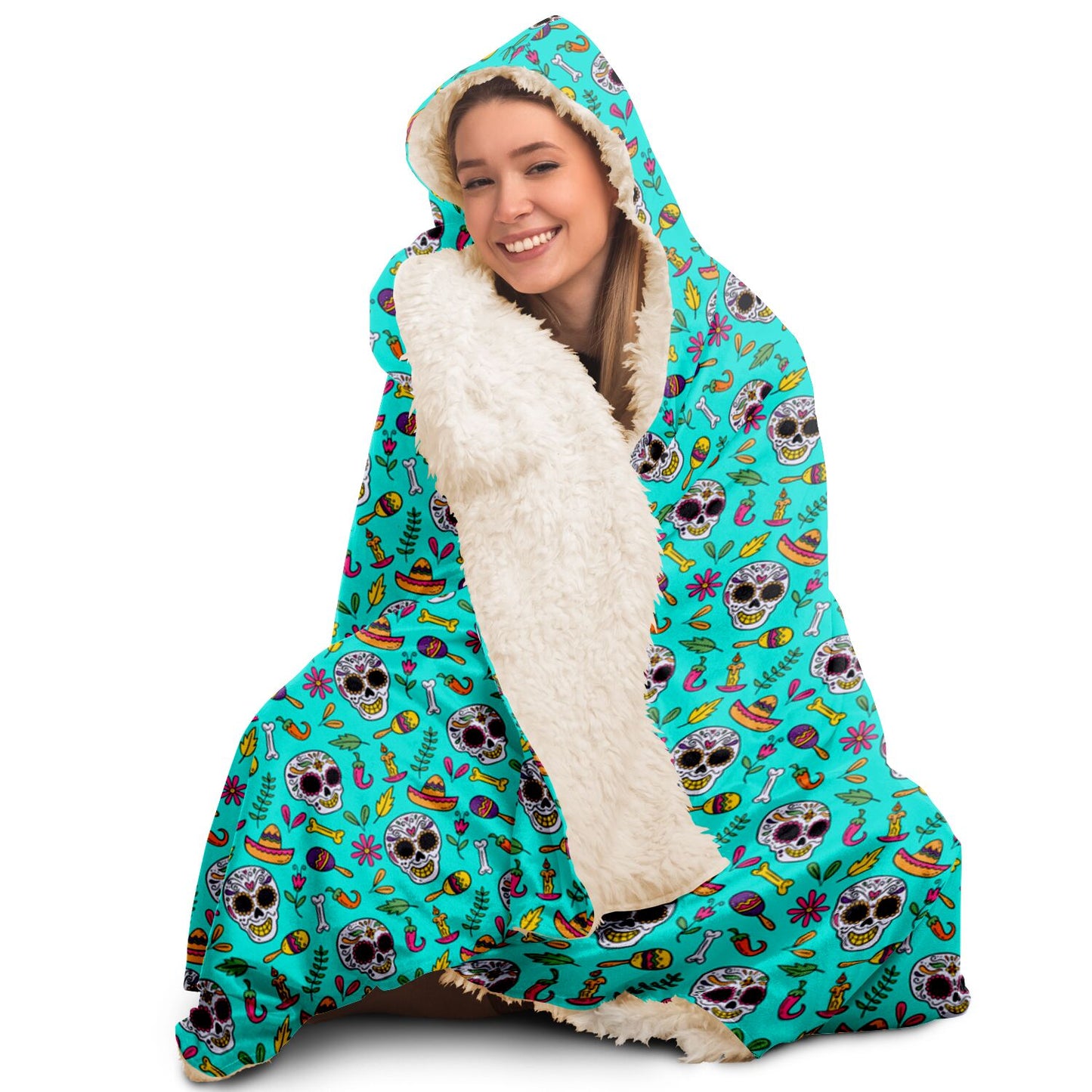 Turquoise Sugar Skull Hooded Blanket, Day of the Dead, Halloween Hooded Blanket - HolidayShoppingFinds