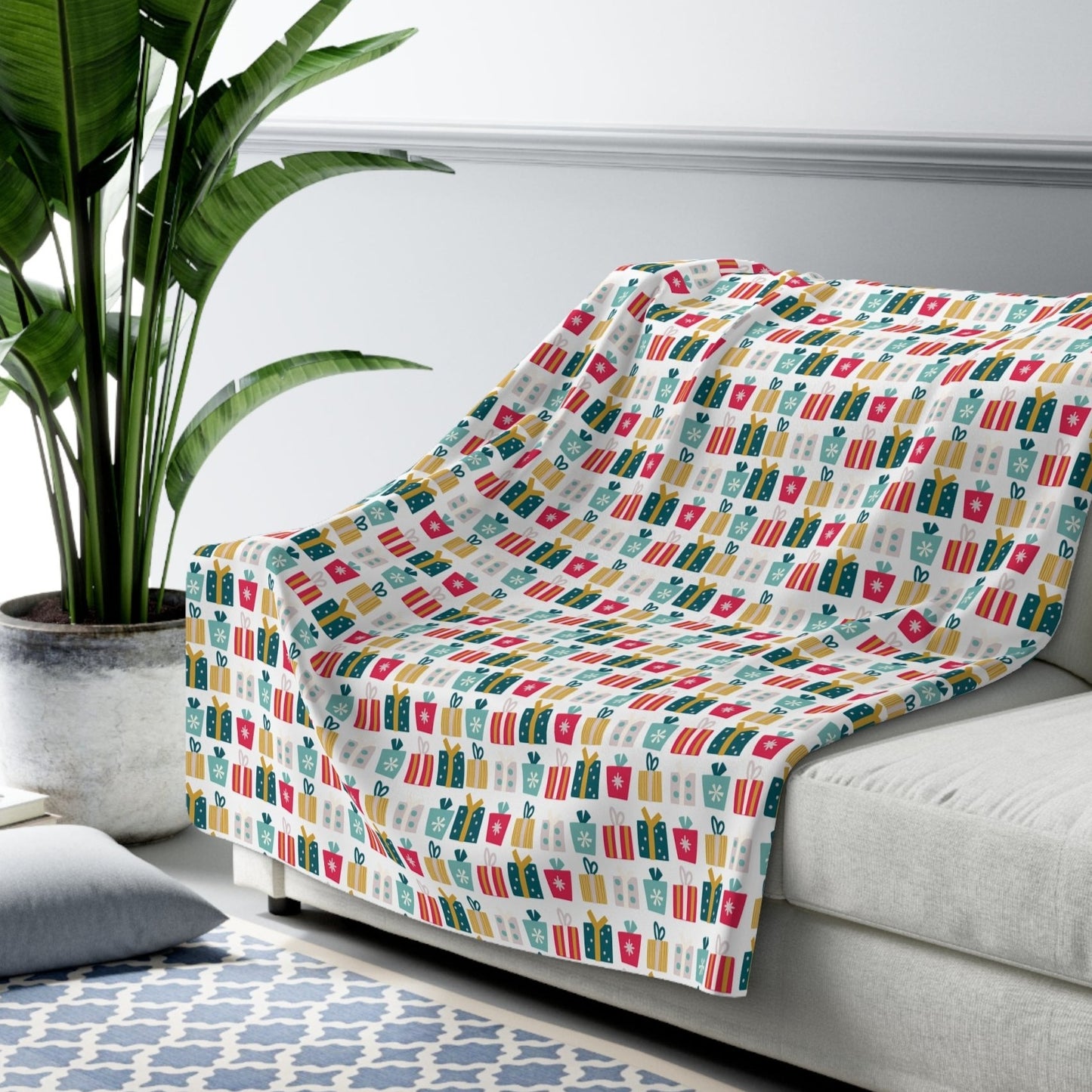 Gift Galore: Colorful Presents on White Sherpa Fleece Blanket 60" × 80" - HolidayShoppingFinds