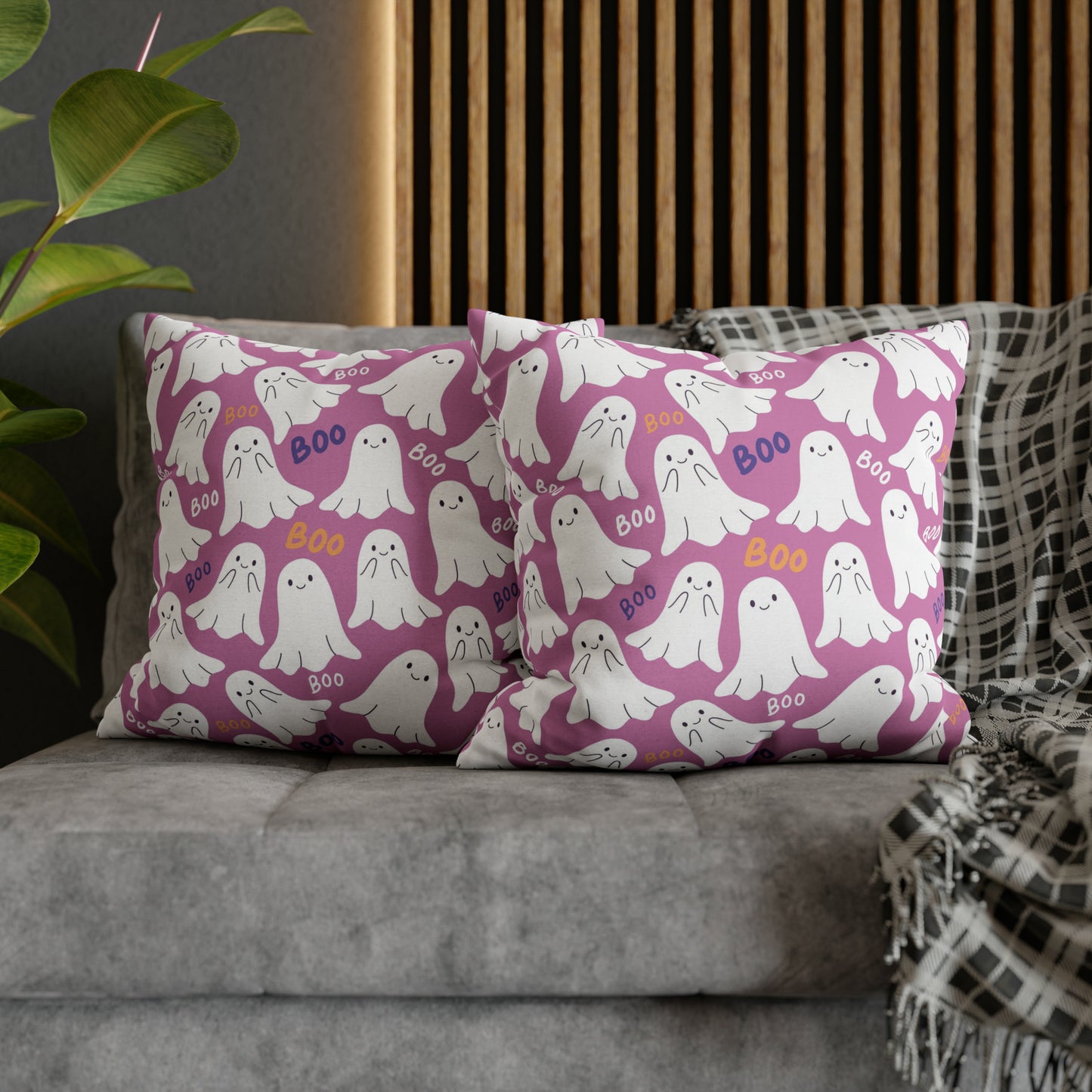 BOO Ghost Decorative Pillowcase Halloween Spooky Ghost Pillow Cover, Pink Square Pillow, 2-Sided Pillow Cover 20" × 20" - HolidayShoppingFinds