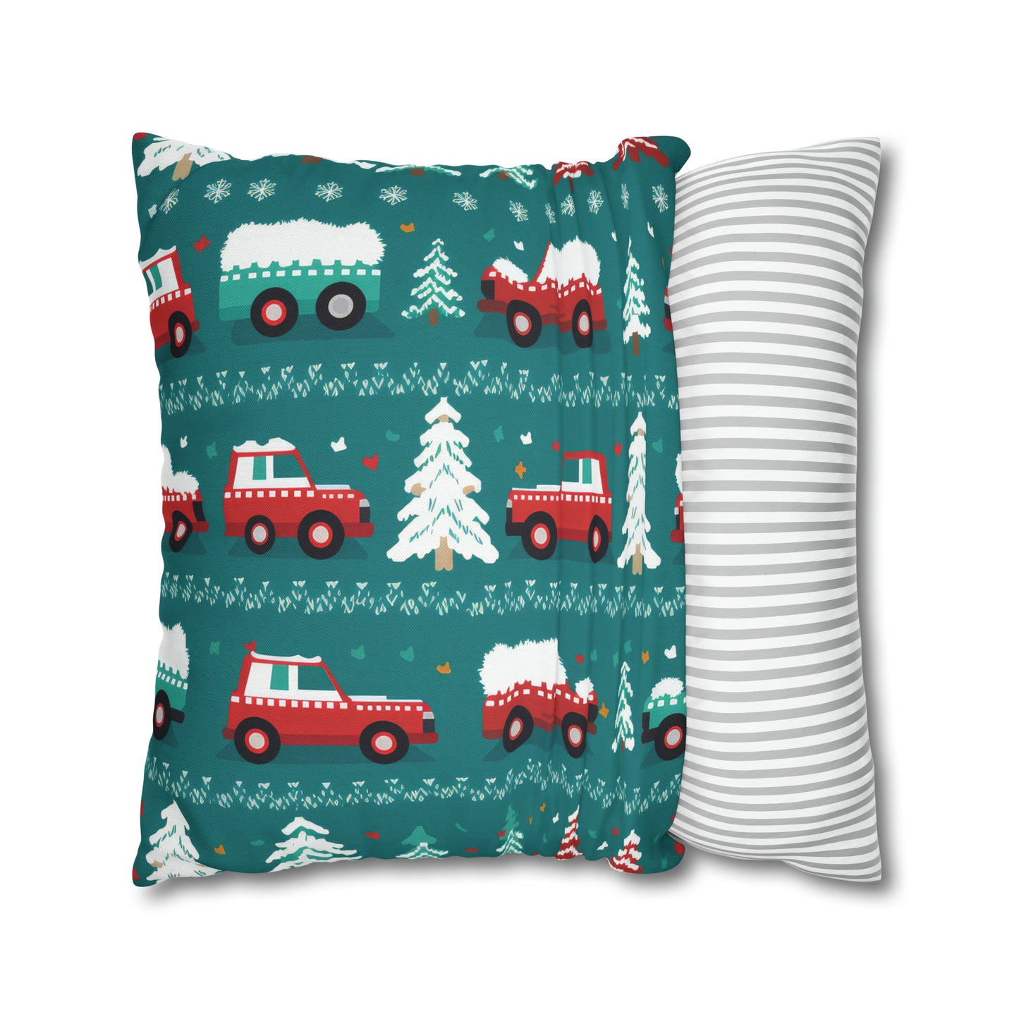 Winter Roadtrip Pillowcase, Snowy Car Teal Pillow Case Cover Vehicle-Themed Cushion Throw - HolidayShoppingFinds