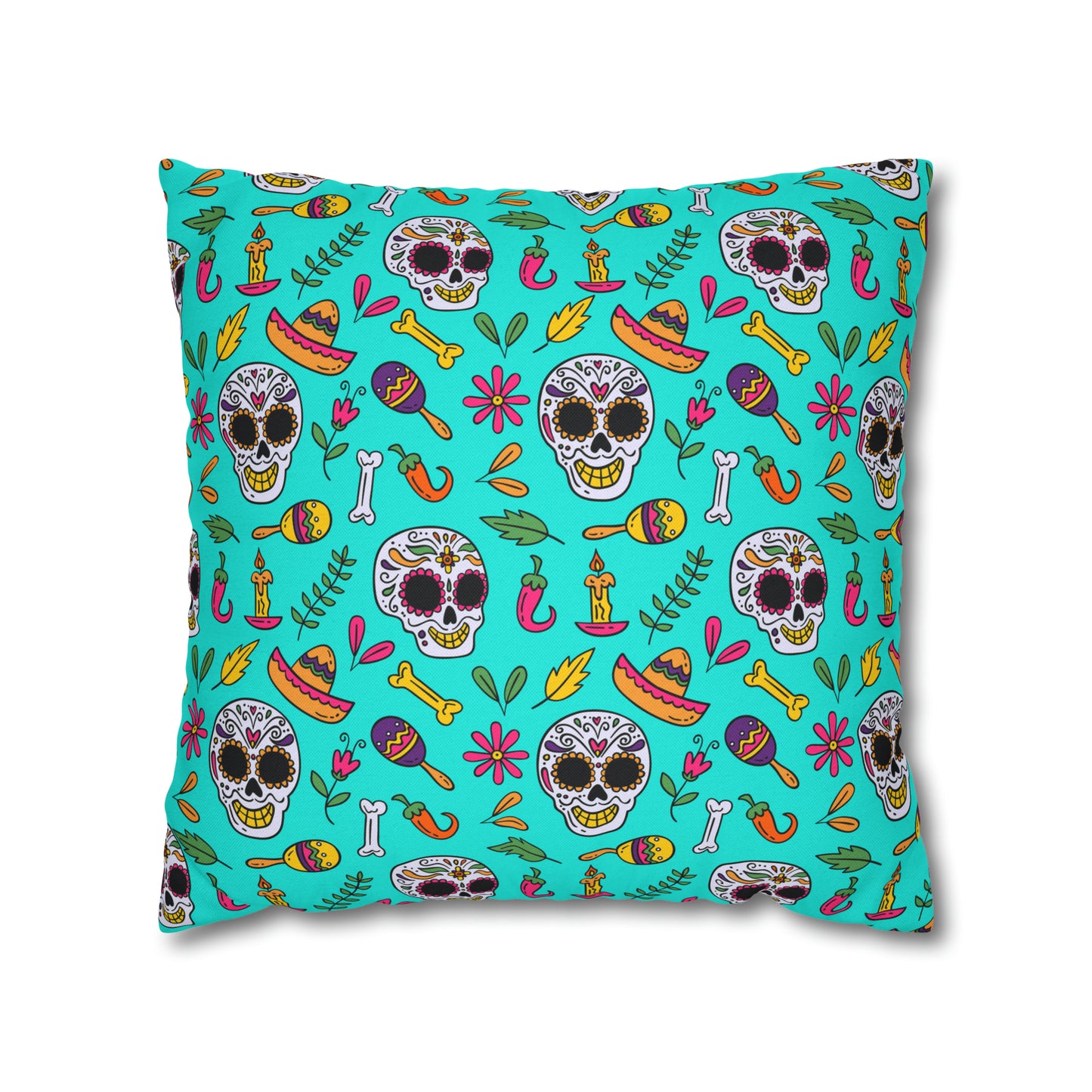 Sugar Skull Pillowcase, Day of the Dead Pillow Cover, Dia de Los Muertos Pillow, Halloween Pillow, Turquoise Decorative Square Pillow - HolidayShoppingFinds