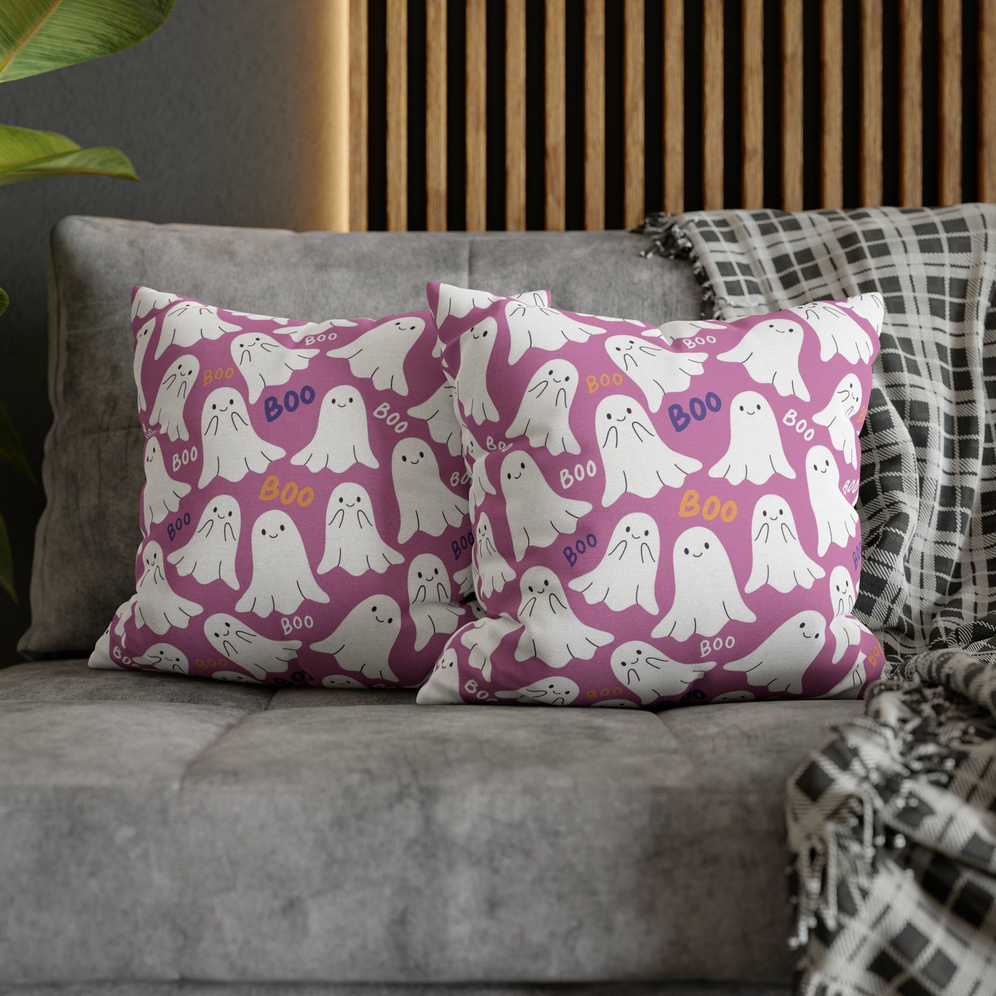 BOO Ghost Decorative Pillowcase Halloween Spooky Ghost Pillow Cover, Pink Square Pillow, 2-Sided Pillow Cover 16" × 16" - HolidayShoppingFinds