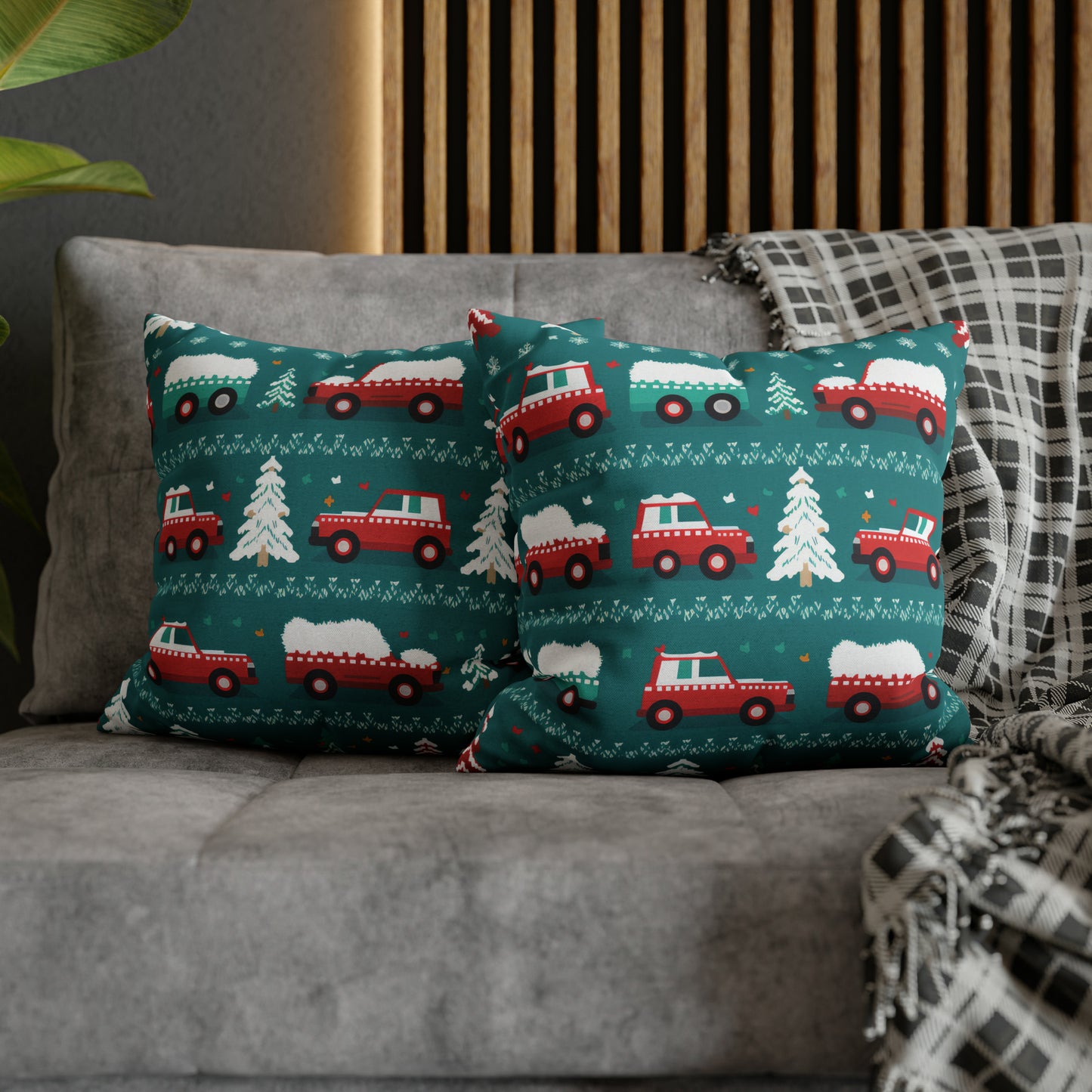 Winter Roadtrip Pillowcase, Snowy Car Teal Pillow Case Cover Vehicle-Themed Cushion Throw - HolidayShoppingFinds