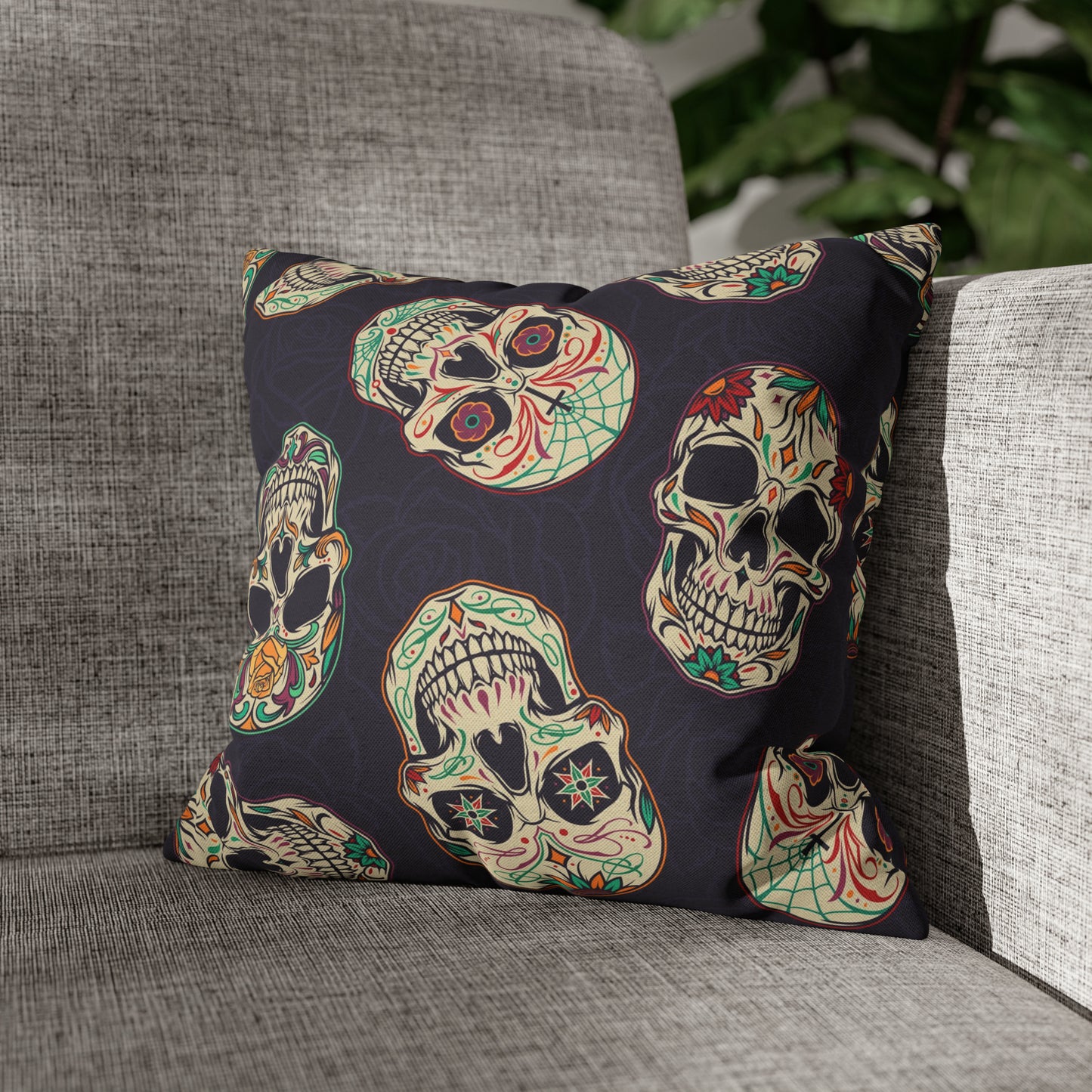 Sugar Skull Pillowcase, Day of the Dead Dia De Los Muertos Purple Pillow, Square 2-Sided Accent Pillow Cover 14" × 14" - HolidayShoppingFinds