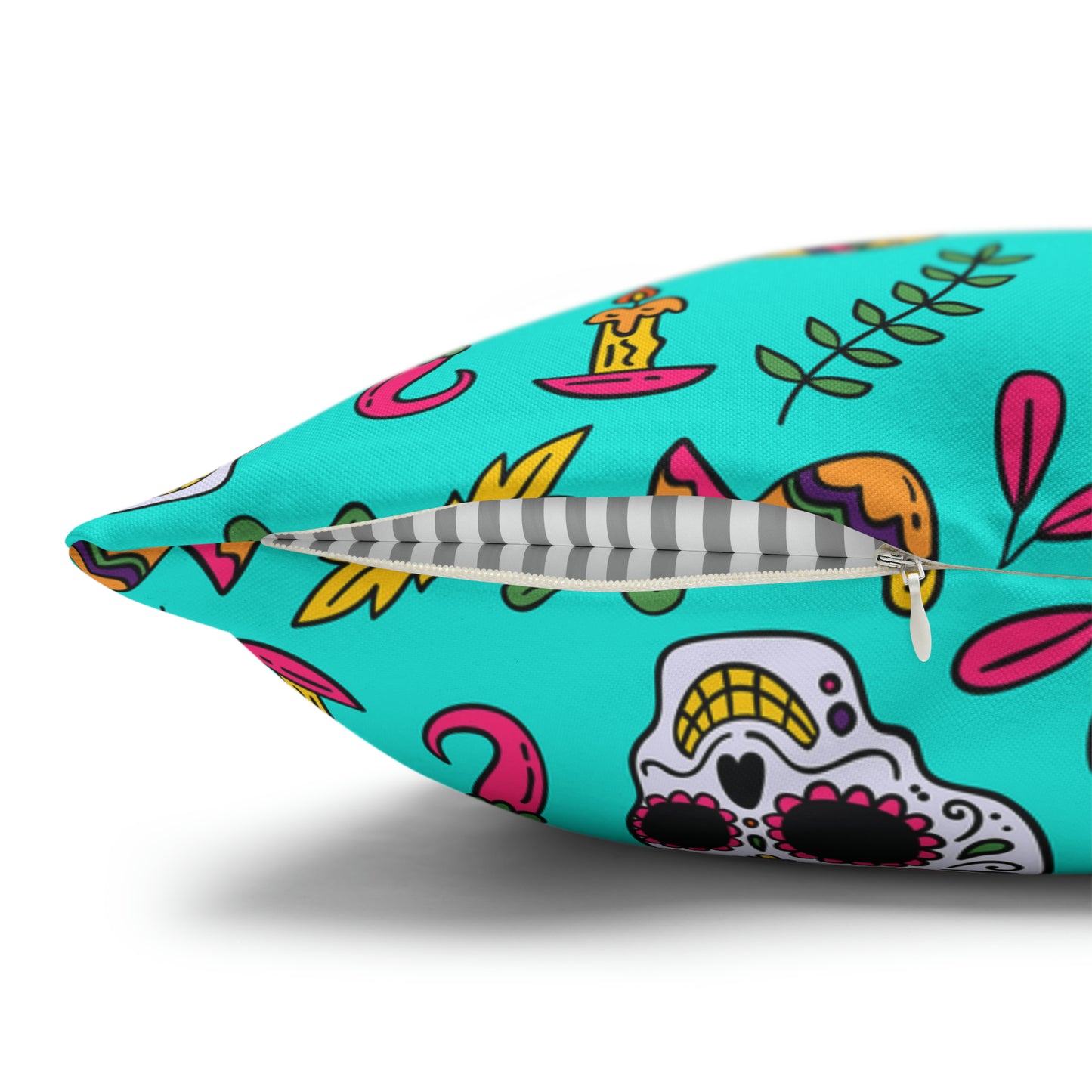Sugar Skull Pillowcase, Day of the Dead Pillow Cover, Dia de Los Muertos Pillow, Halloween Pillow, Turquoise Decorative Square Pillow - HolidayShoppingFinds