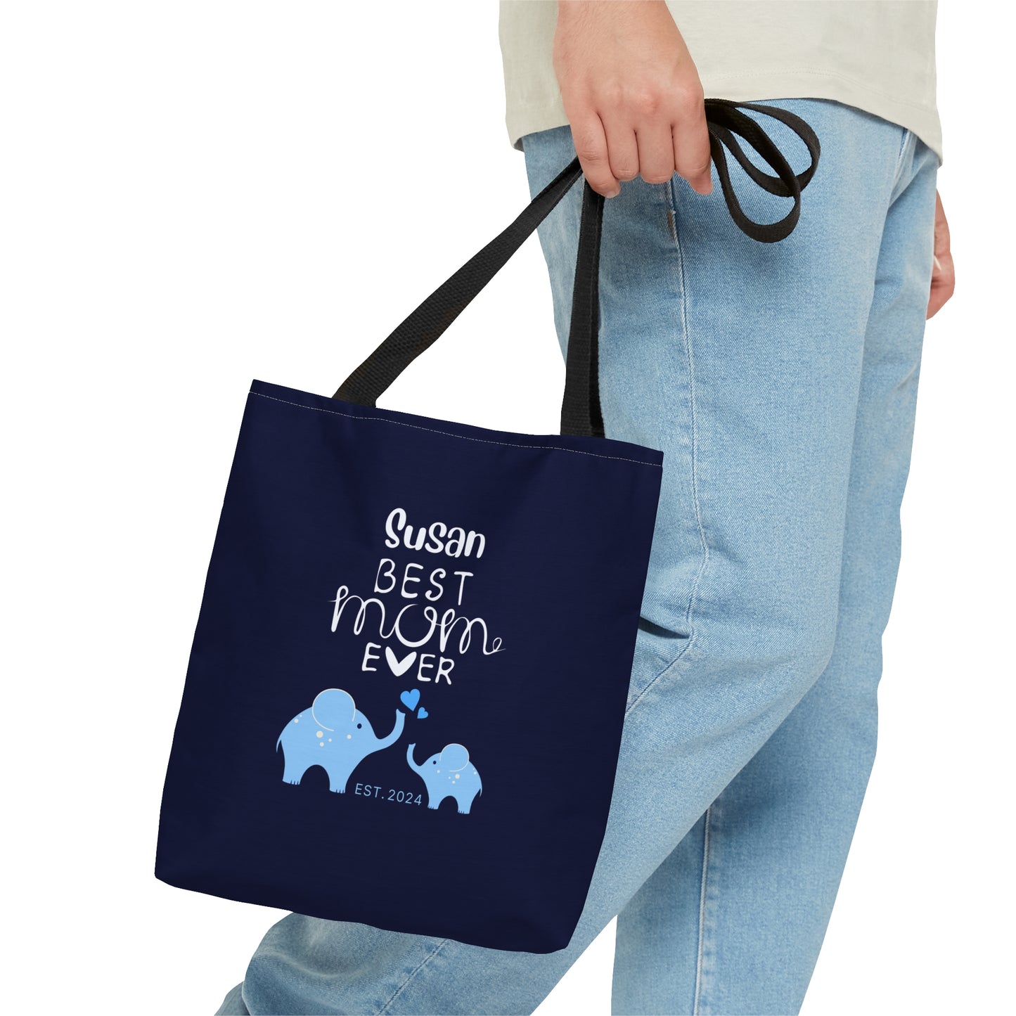 Personalized Best Mom Ever Tote Bag Gift for Mom, Baby Elephants Blue Tote - HolidayShoppingFinds