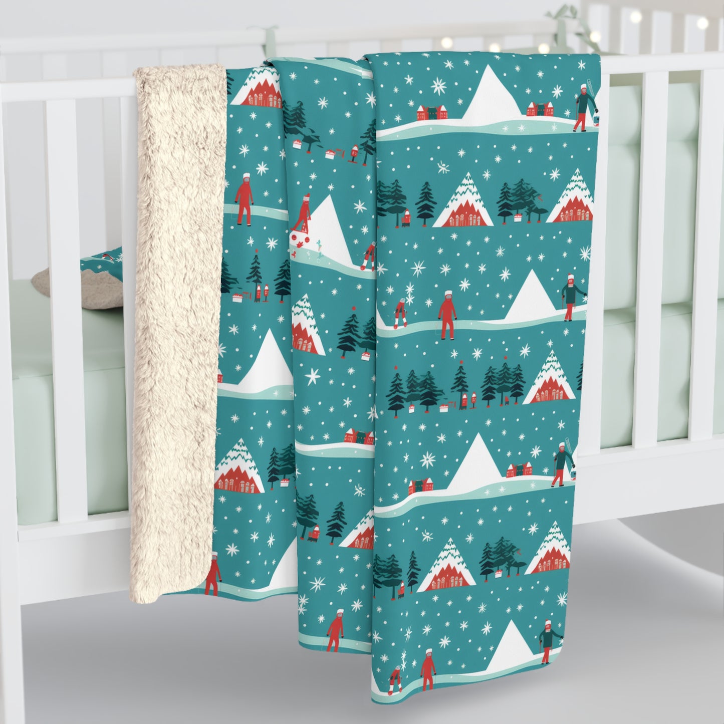 Winter Wonderland Sherpa Blanket, Holiday Mountain Cabin Blanket Teal, Cozy Throw Blanket, Holiday Gift - HolidayShoppingFinds