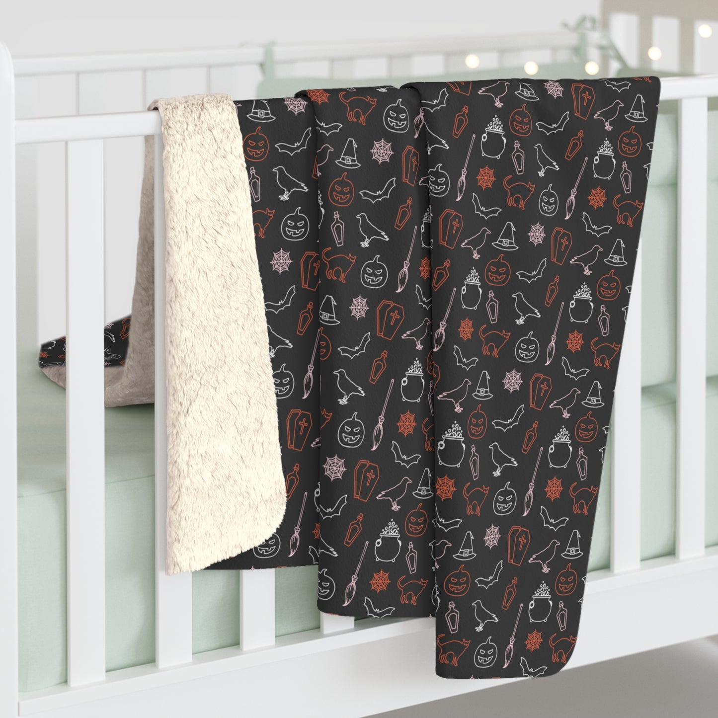 Halloween Sherpa Blanket Spooky Ghost Witch Hat Black Cat Cozy Blanket, Throw Blanket Black, Sofa Blanket - HolidayShoppingFinds